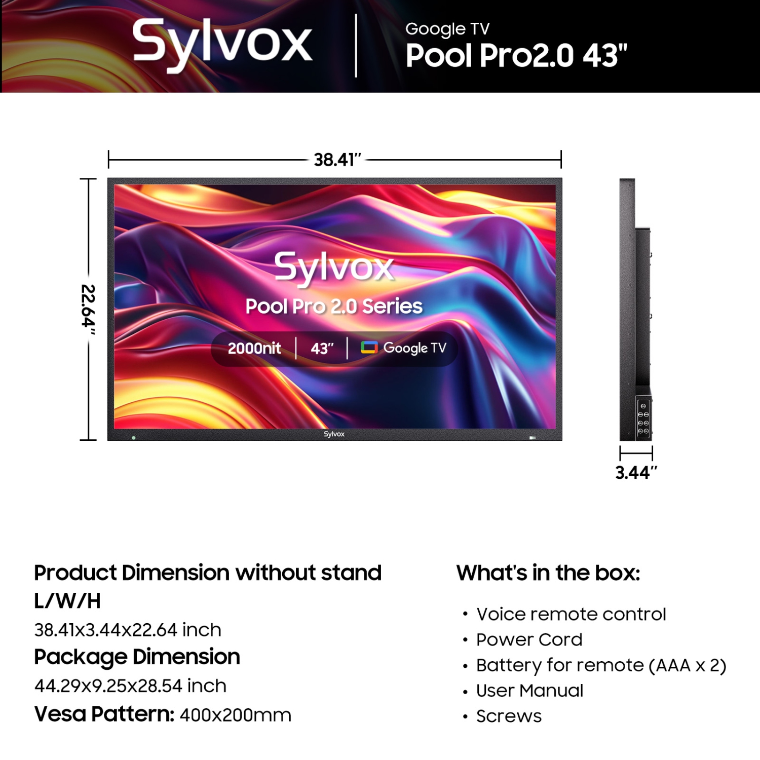 SYLVOX Outdoor TV, 43" Full Sun Smart Outdoor TV, IP55 Waterproof, Voice Remote, 2000nits Weatherproof Television, Google Assistant Chromecast(Pool