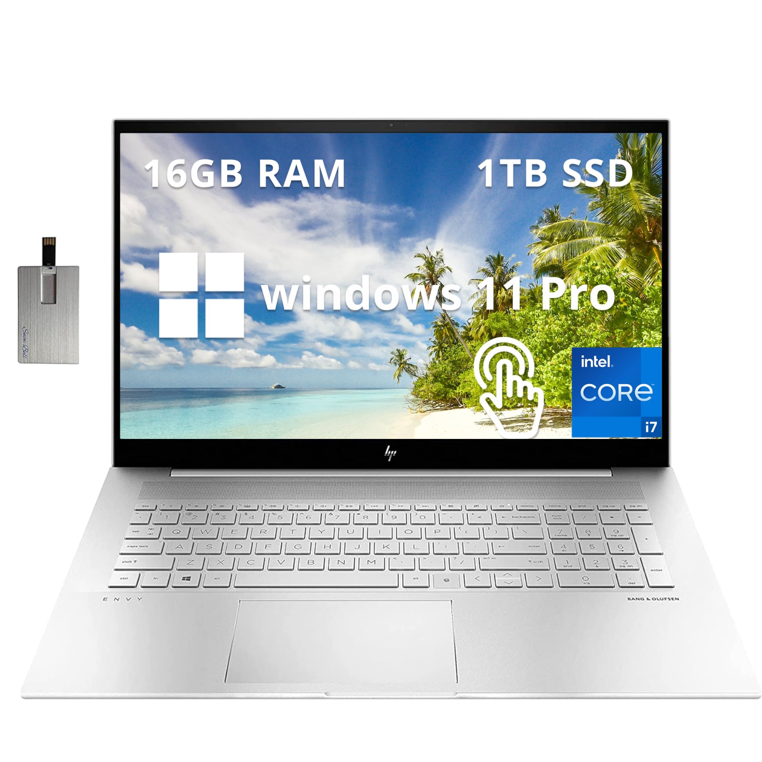 HP Envy 17.3" FHD Touchscreen Laptop, Intel Core i7-1260P, 1TB SSD, 16GB RAM, Backlit Keyboard, Intel Iris Xe Graphics, Fingerprint Reader, Silver, 32GB Hotface USB Card