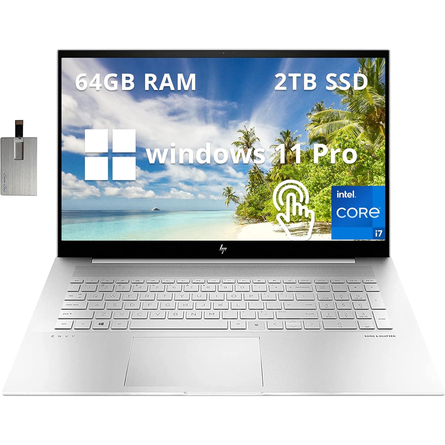 HP Envy 17.3" FHD Touchscreen Laptop, Intel Core i7-1260P, 2TB SSD, 64GB RAM, Backlit Keyboard, Intel Iris Xe Graphics, Fingerprint Reader, Silver, 32GB Hotface USB Card