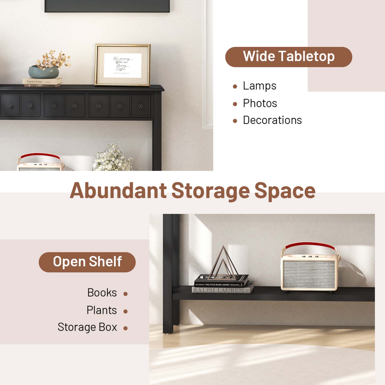 Table d'entrée rétro de 60 po avec 4 tiroirs et tablette ouverte de Costway