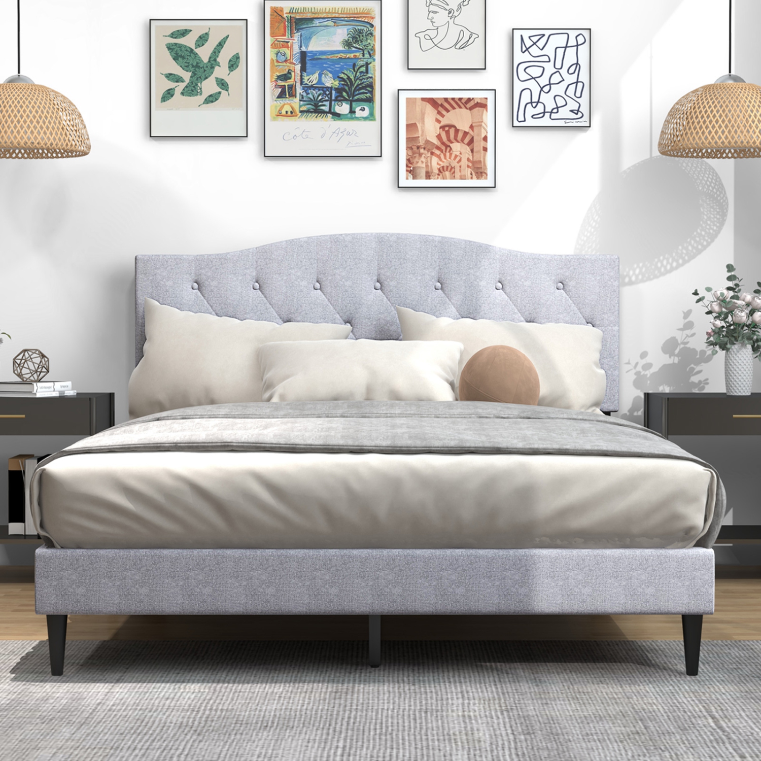 Costway Queen Size Upholstered Platform Bed Linen Bed Frame with Button Tufted Headboard