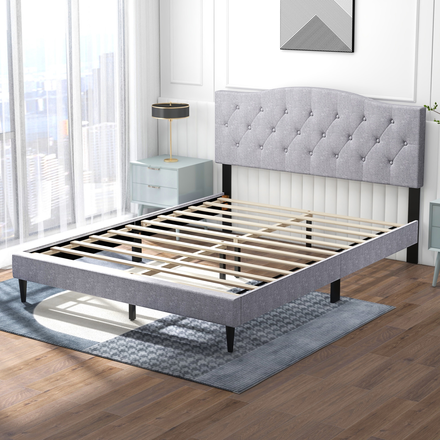 Costway Queen Size Upholstered Platform Bed Linen Bed Frame with Button Tufted Headboard