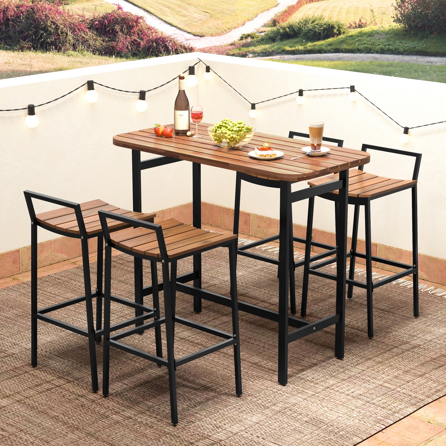 Costway 5 PCS Acacia Wood Bar Table Set Outdoor Bar Height Table & Chairs with Metal Frame