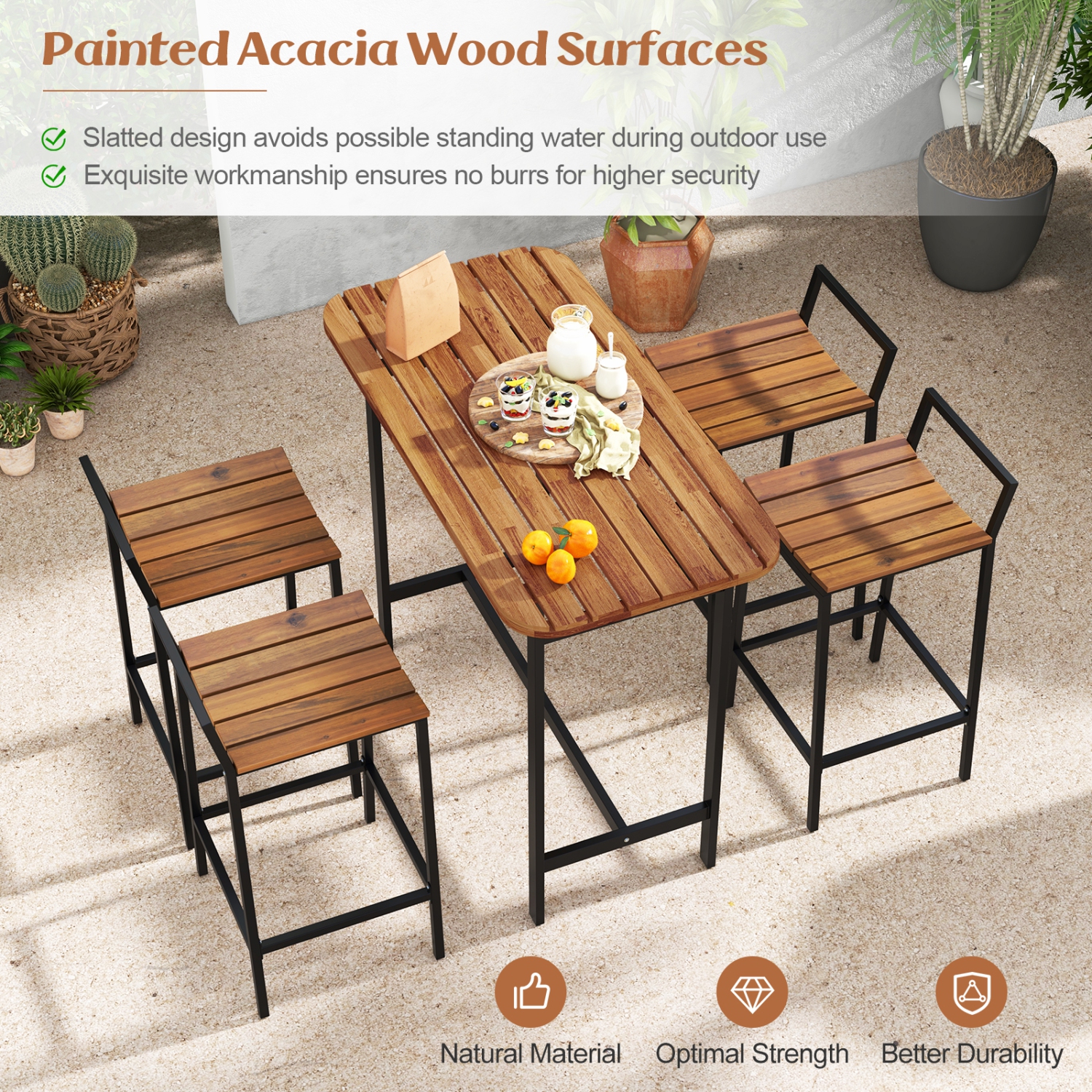 Costway 5 PCS Acacia Wood Bar Table Set Outdoor Bar Height Table & Chairs with Metal Frame