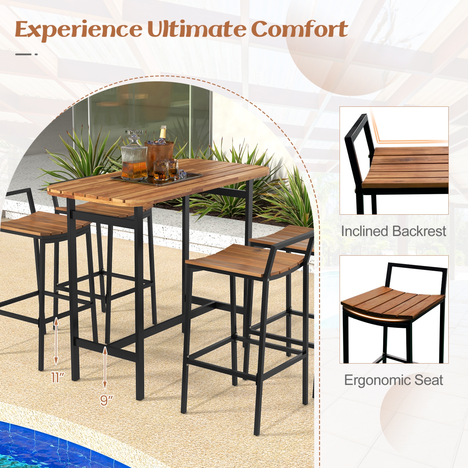 Costway 5 PCS Acacia Wood Bar Table Set Outdoor Bar Height Table & Chairs with Metal Frame