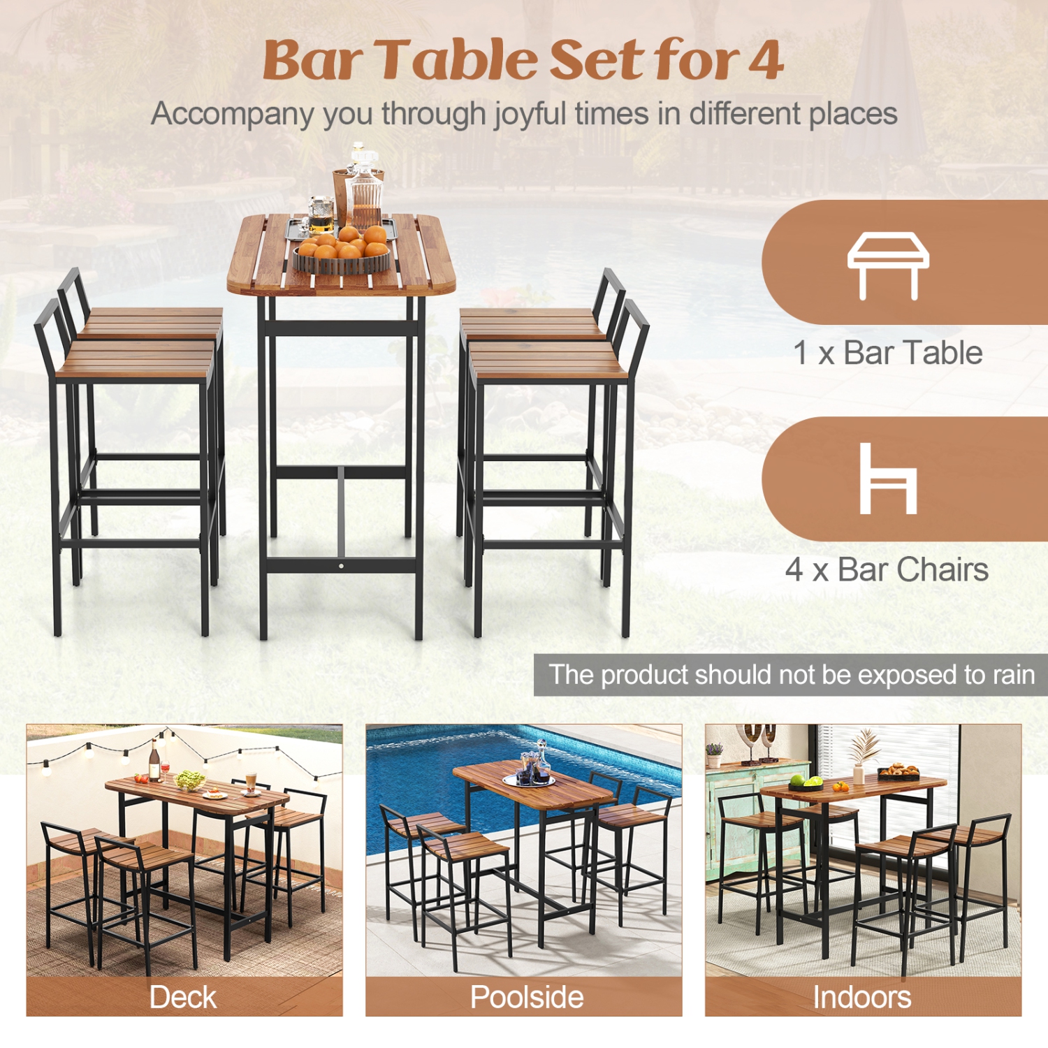Costway 5 PCS Acacia Wood Bar Table Set Outdoor Bar Height Table & Chairs with Metal Frame