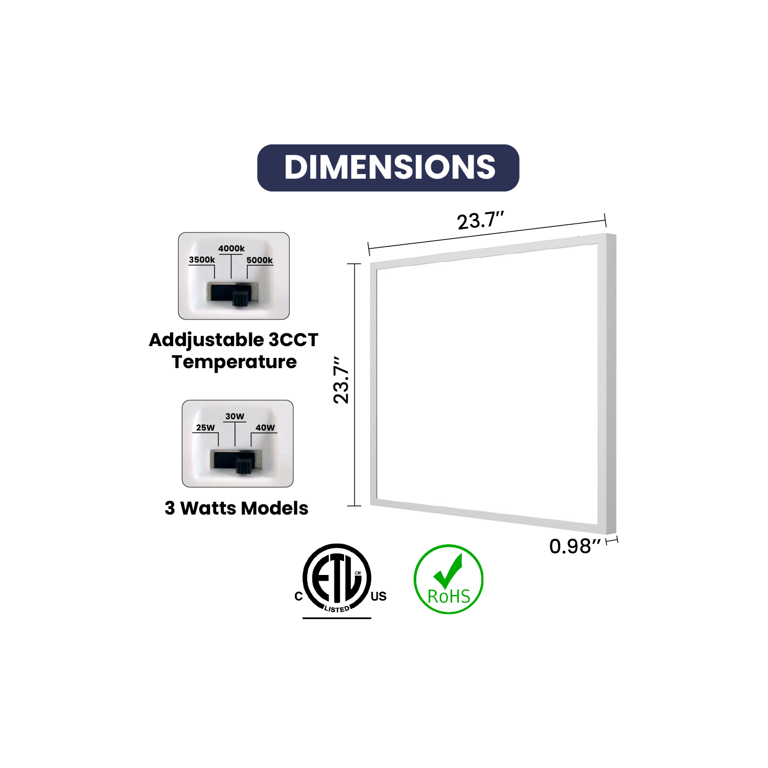2x2 LED Flat Panel Light, 3-Way CCT 3500K-4000K-5000K Adjustable Back-Lit LED Panel, Pre-Select Wattage 25W-30W-40W, Dimming 0-10V, 5000LM Light,