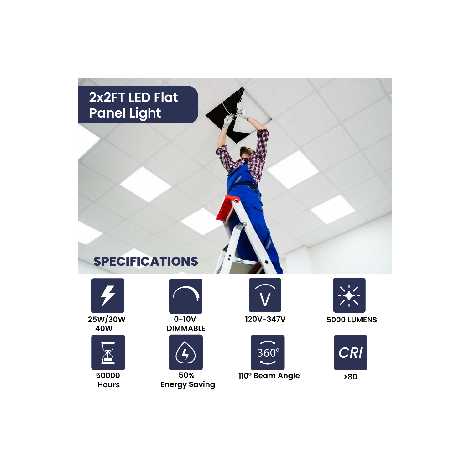 2x2 LED Flat Panel Light, 3-Way CCT 3500K-4000K-5000K Adjustable Back-Lit LED Panel, Pre-Select Wattage 25W-30W-40W, Dimming 0-10V, 5000LM Light,