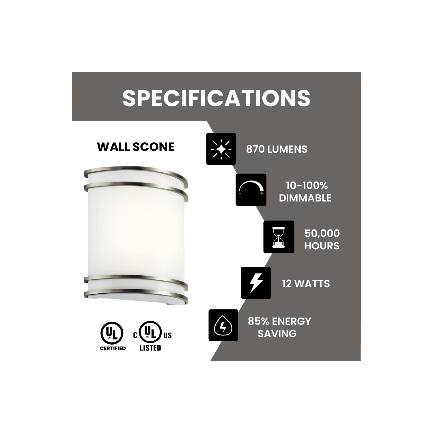 Applique murale nickel brossé à intensité réglable 12&nbsp;W 3CCT couleurs, éclairage mural moderne, abat-jour en verre luminaire mural pour salle de