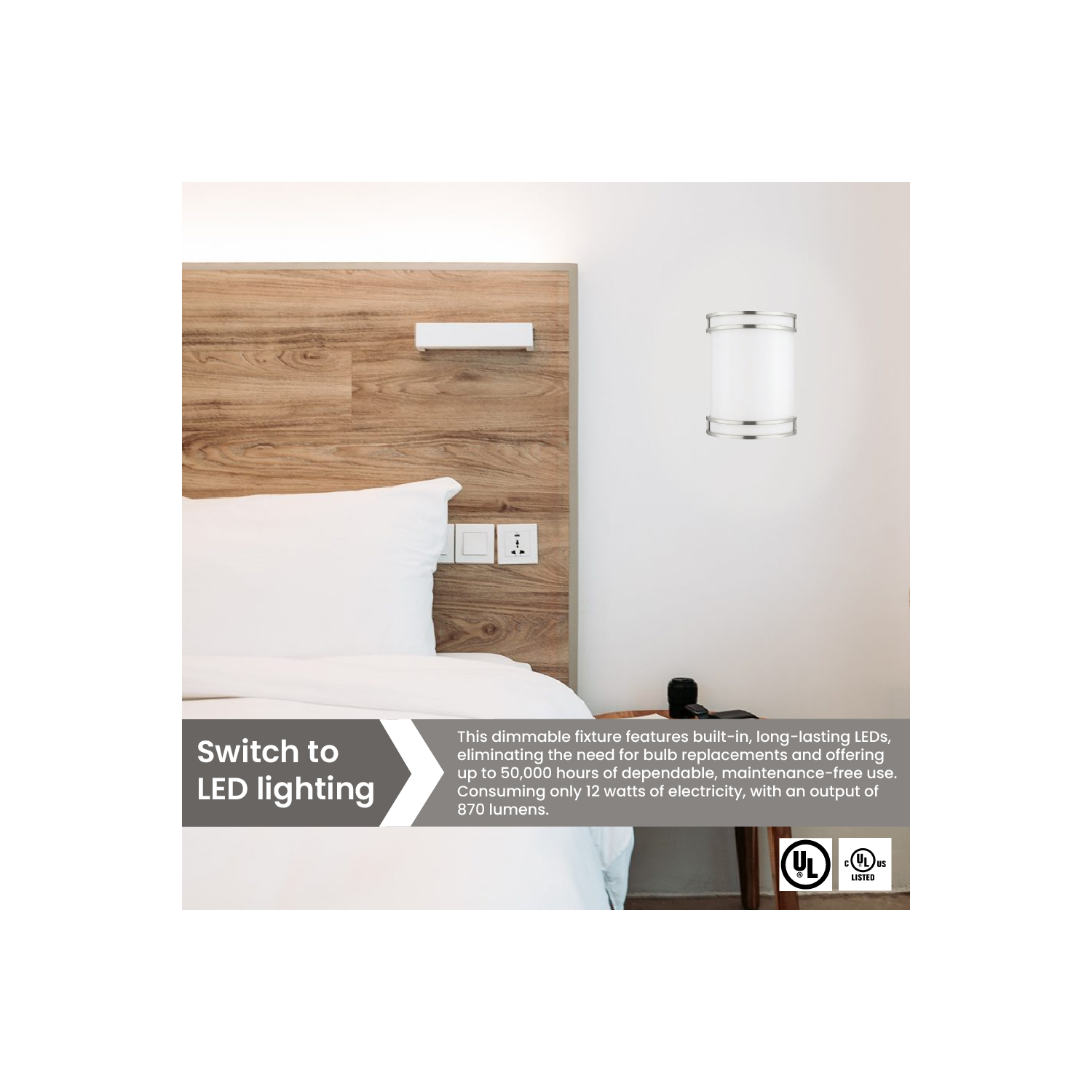 Applique murale nickel brossé à intensité réglable 12&nbsp;W 3CCT couleurs, éclairage mural moderne, abat-jour en verre luminaire mural pour salle de