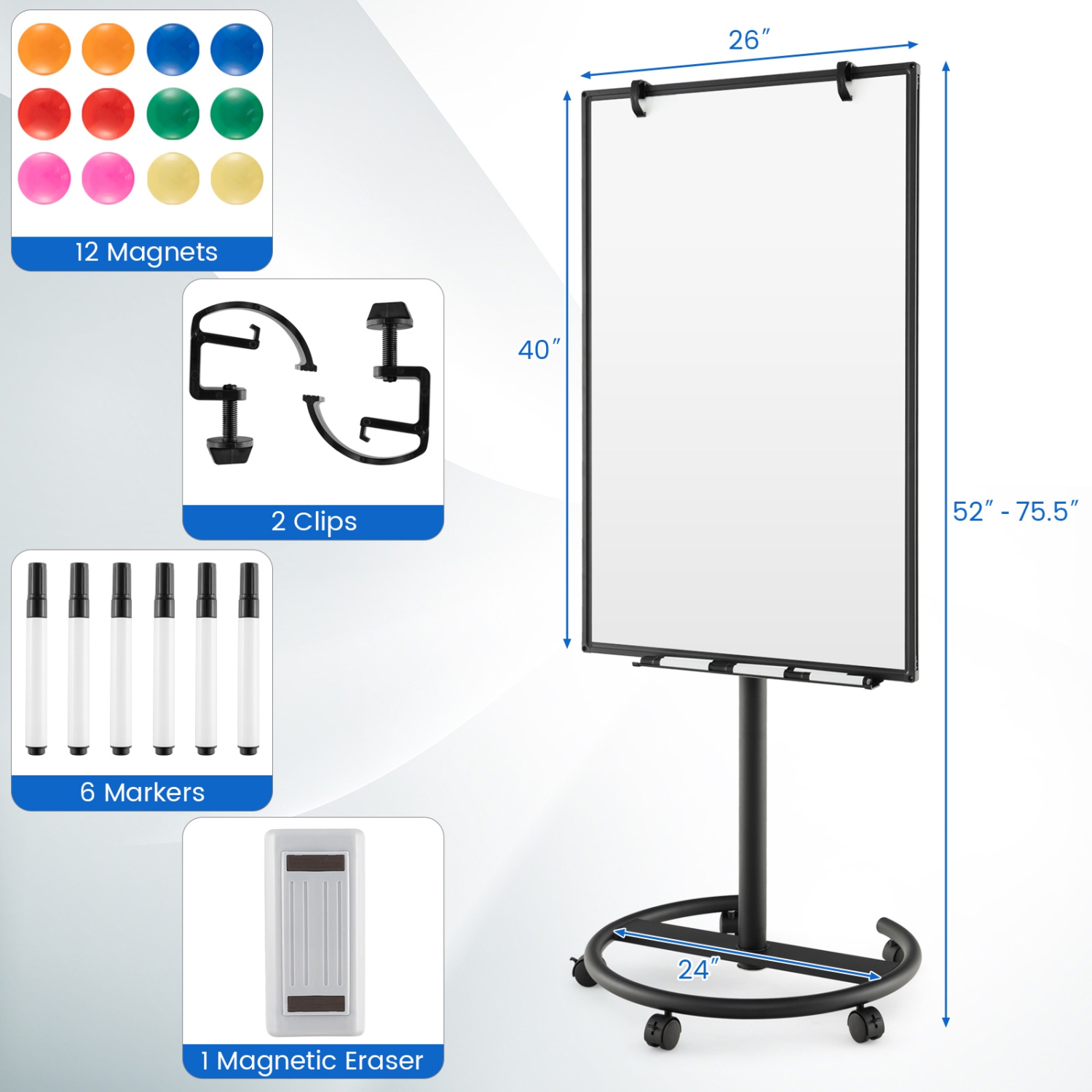 Costway Mobile Whiteboard 40" x 26" Height Adjustable Magnetic Dry Erase Board with Stand