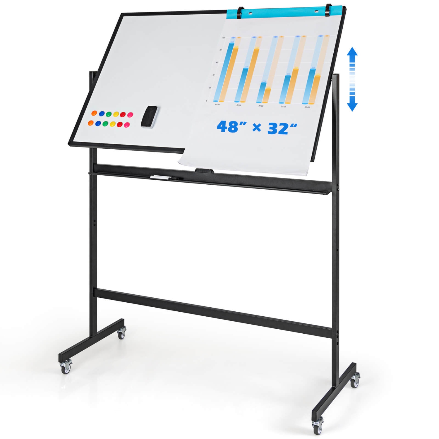 Costway 32 x 48" Portable Rolling White Board Reversible Dry Erase Board with Black Markers