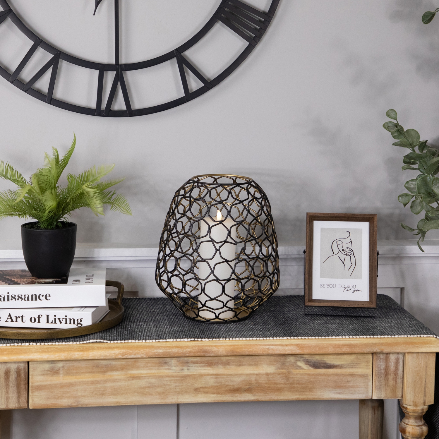 Small Geometric Cage Iron Pillar Candle Holder - 11" - Black and Gold