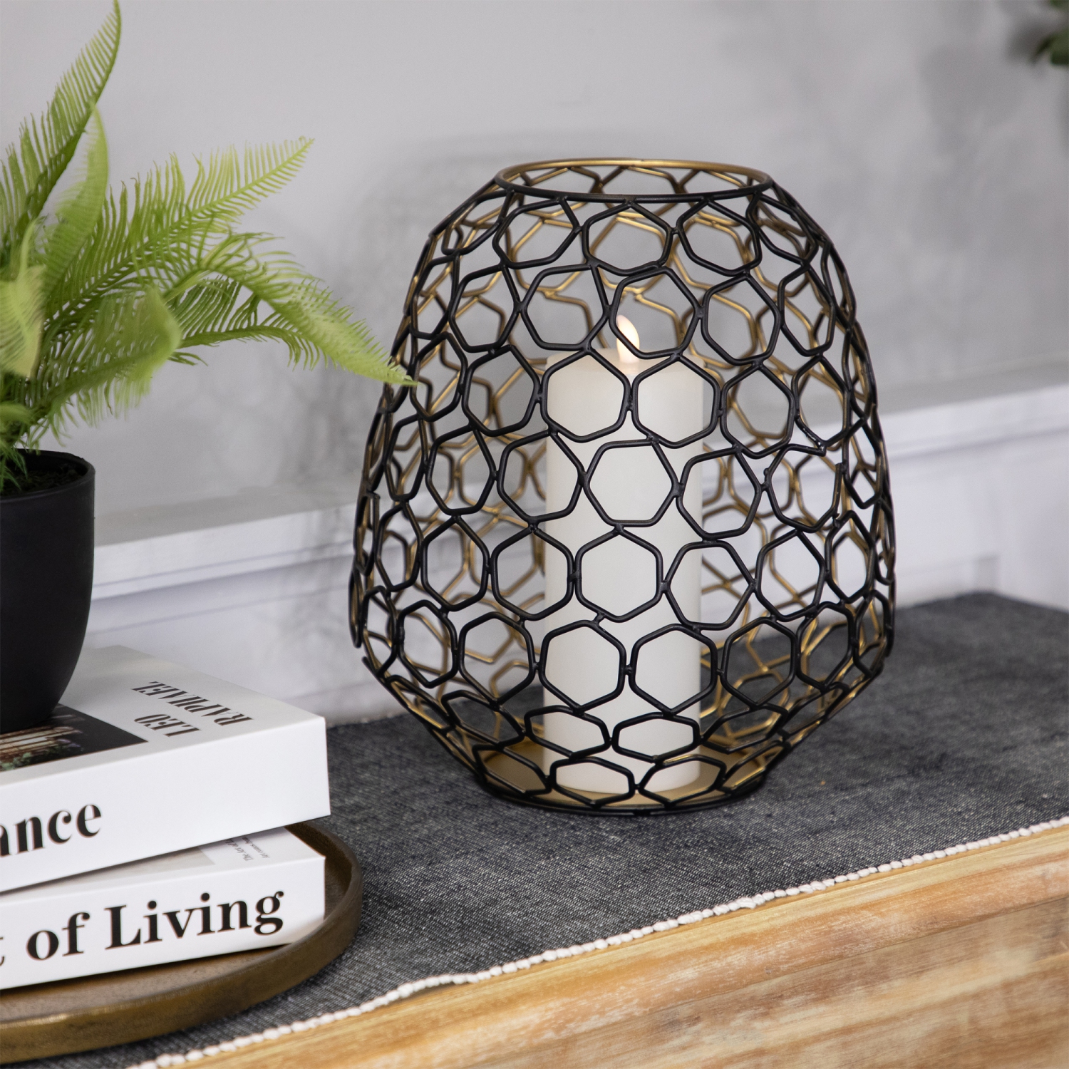 Small Geometric Cage Iron Pillar Candle Holder - 11" - Black and Gold