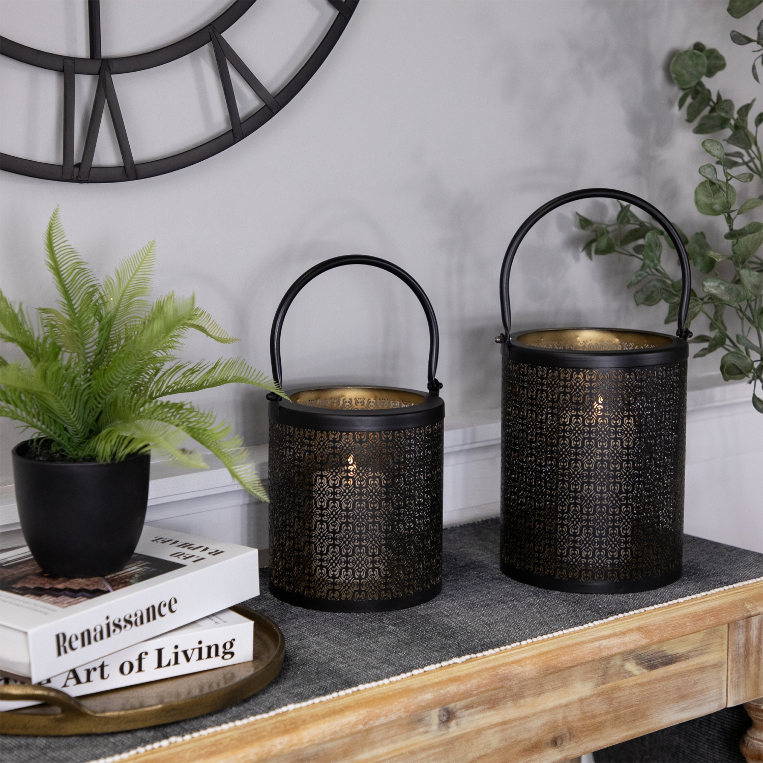 Bougeoirs en fer avec poignées coupés au laser - 9,5 po - Noir - Ensemble de 2