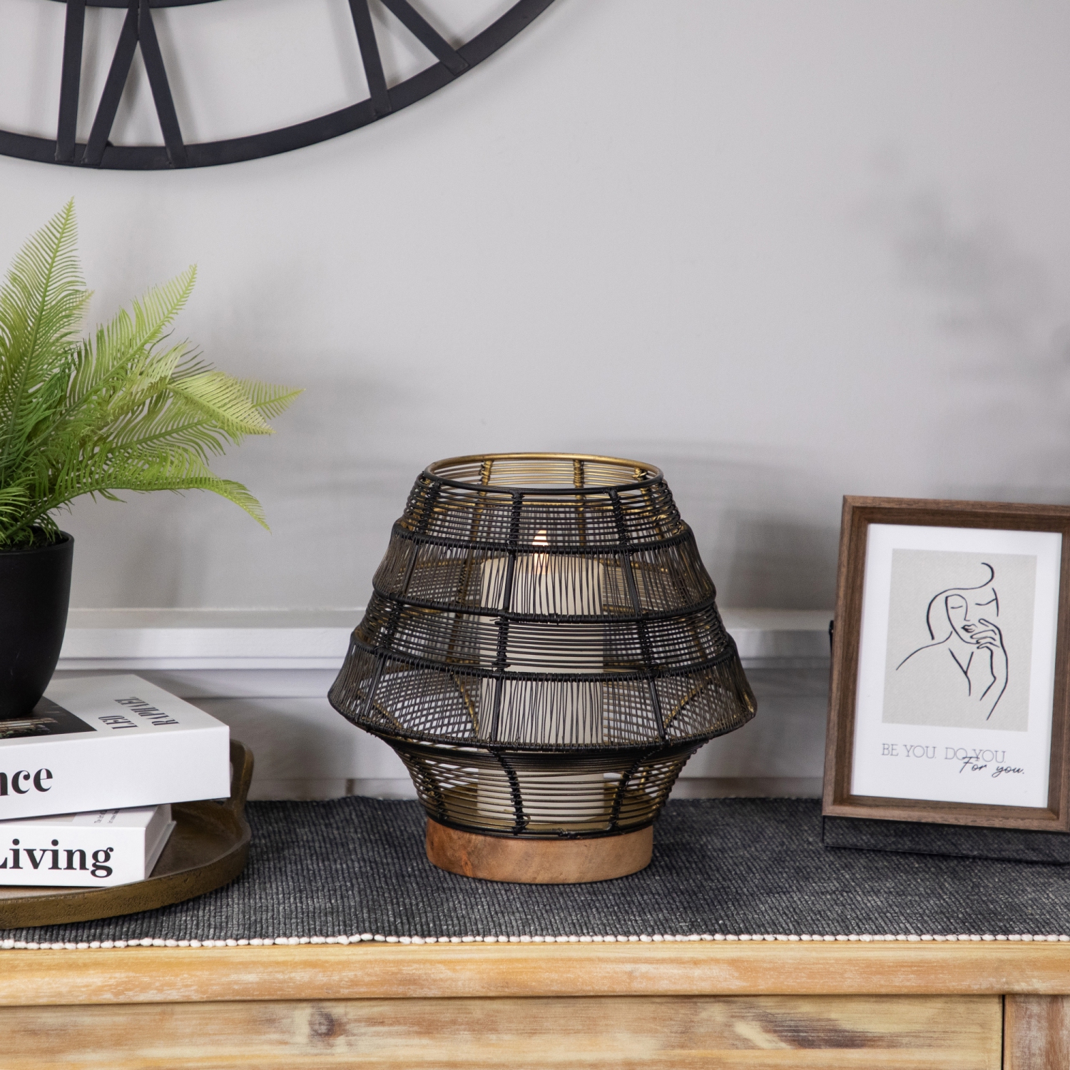 Large Woven Iron Pillar Candle Holder with Wood Base - 9.25" - Black