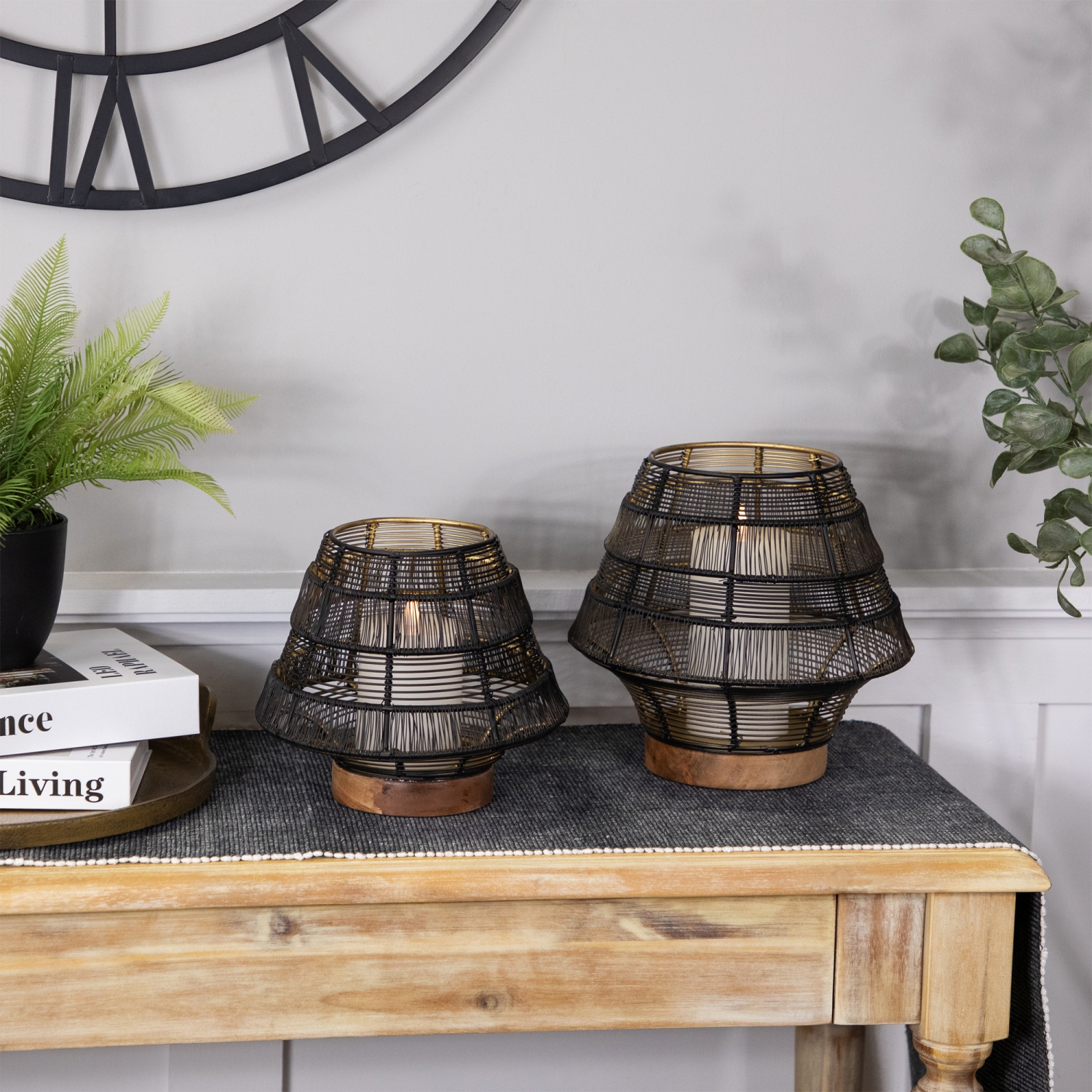 Large Woven Iron Pillar Candle Holder with Wood Base - 9.25" - Black