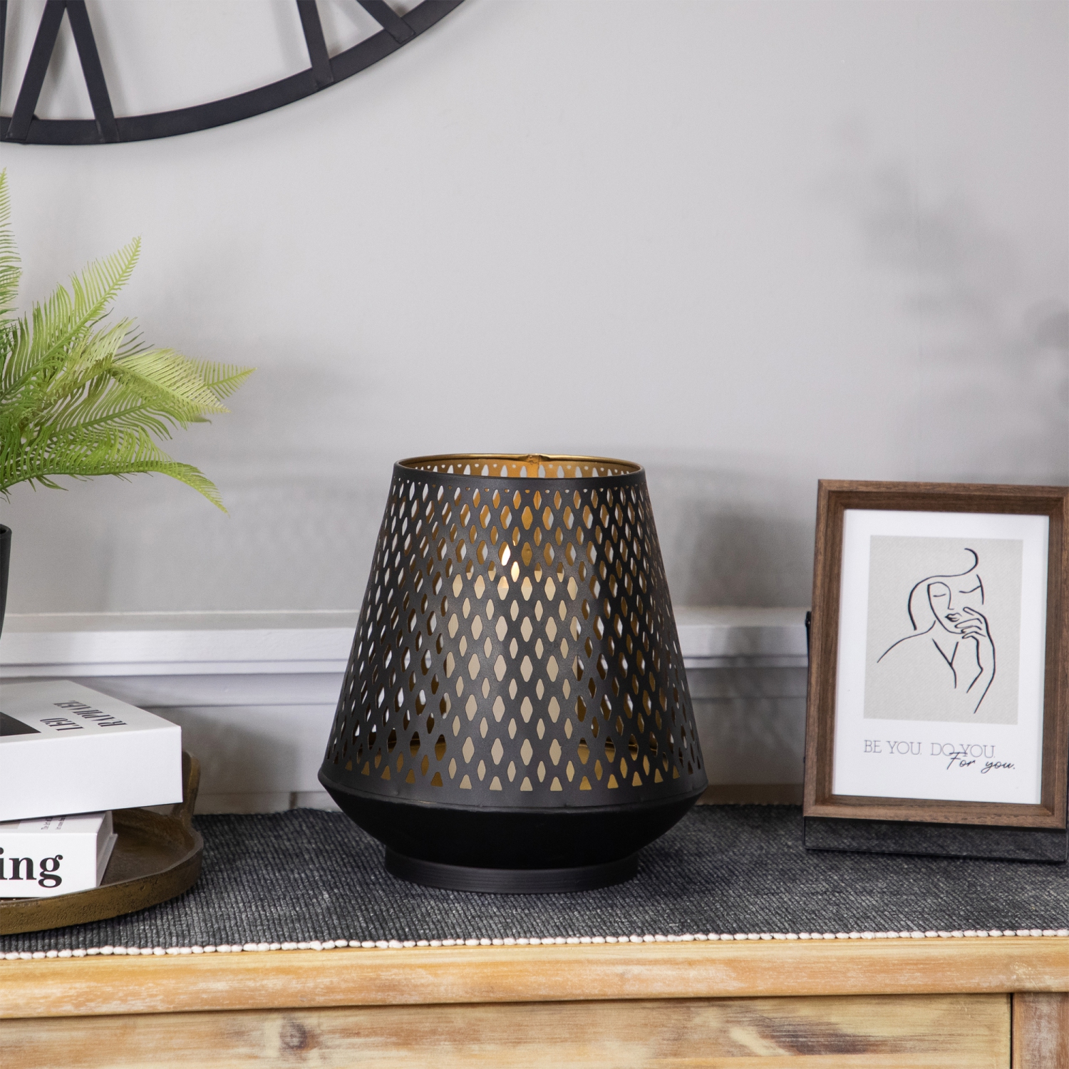Small Laser-Cut Pillar Candle Holder - 9" - Black and Gold Finish