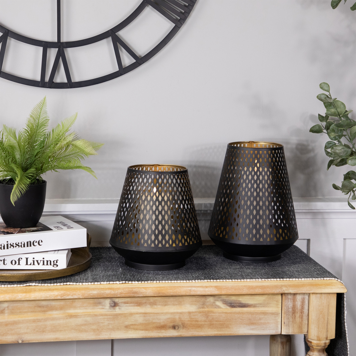 Small Laser-Cut Pillar Candle Holder - 9" - Black and Gold Finish