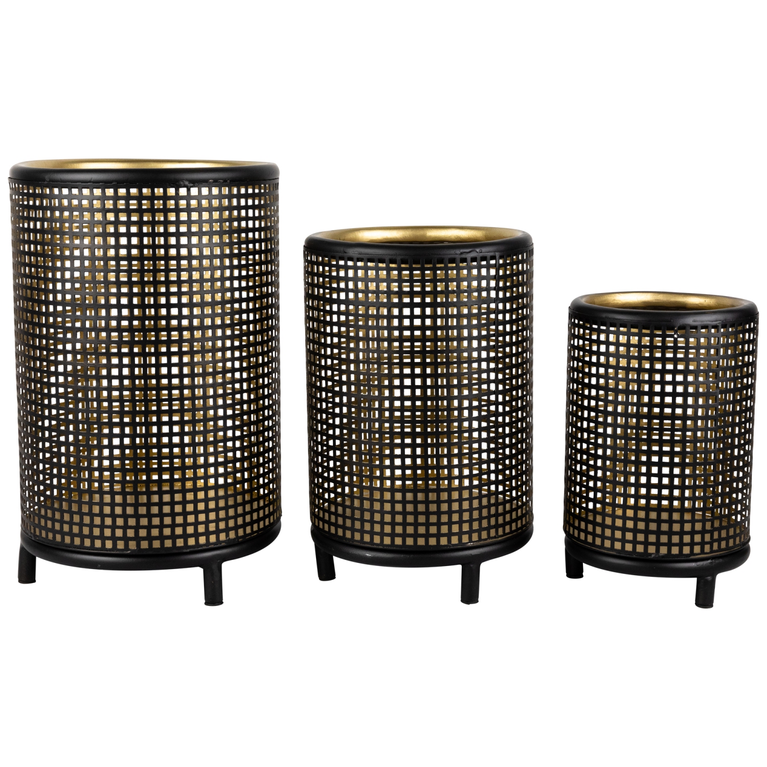 Bougeoirs cylindriques en grille de fer, 12 po, fini noir et doré, ensemble de 3