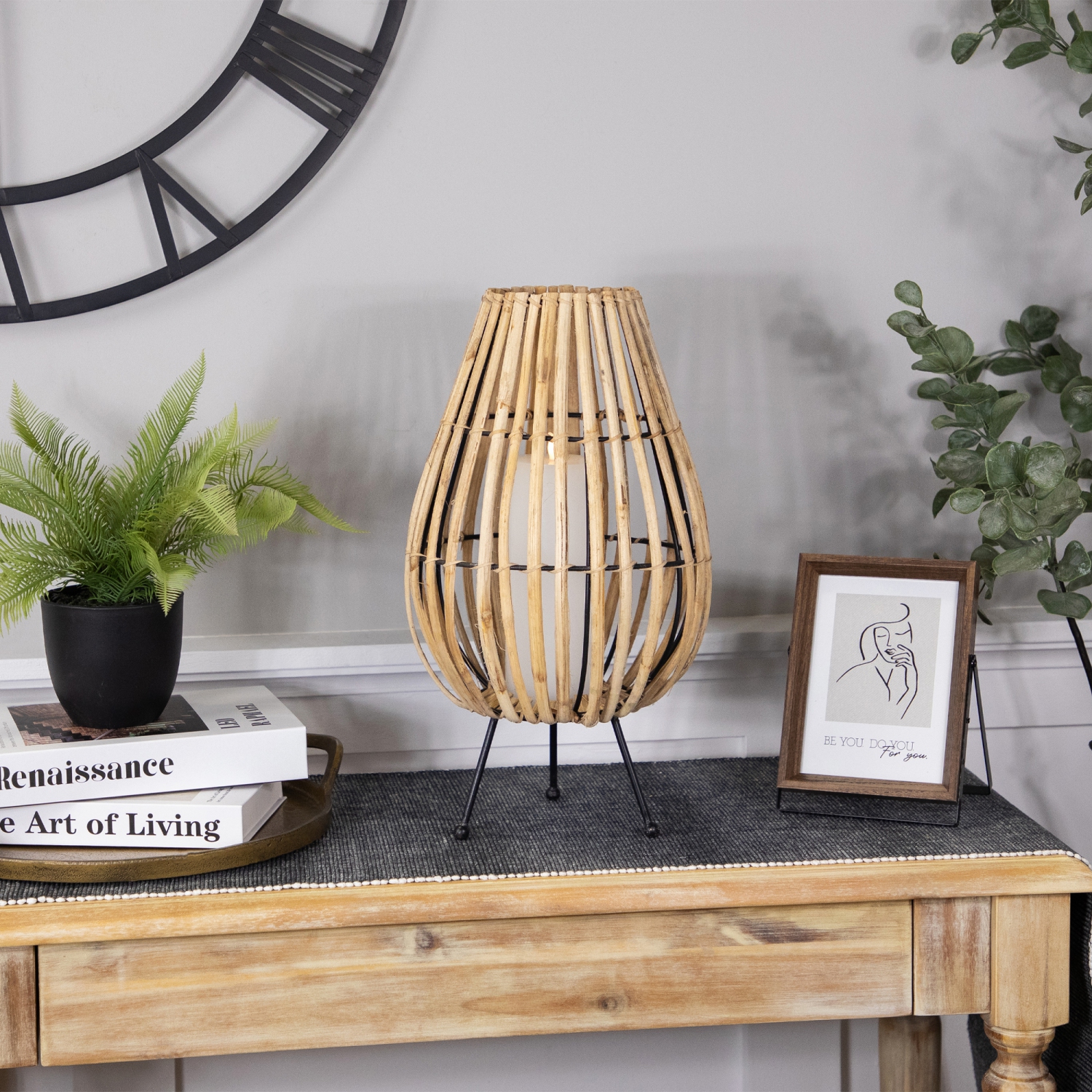 Bougeoir cylindrique en rotin et en fer - 17 po - rotin naturel