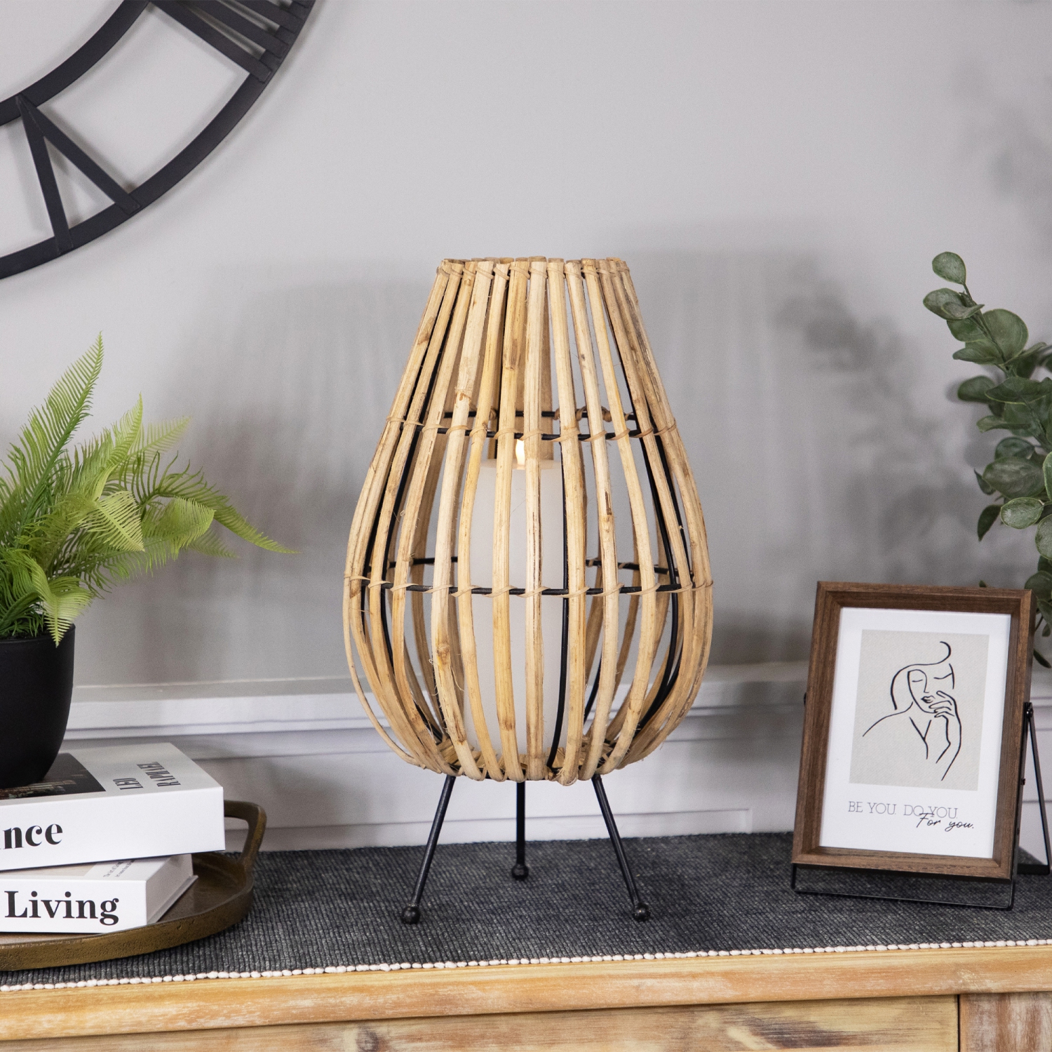 Bougeoir cylindrique en rotin et en fer - 17 po - rotin naturel