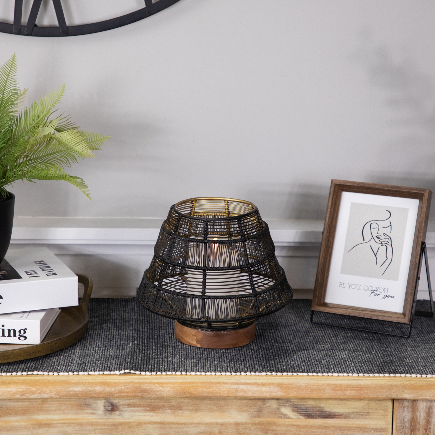 Small Woven Iron Pillar Candle Holder with Wooden Base - 7.25" - Black