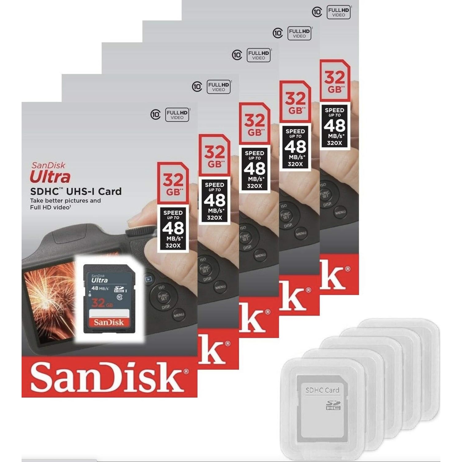Bundle 5 Retail Packages of SanDisk Ultra 32GB SD SDHC UHS-I 48MB/s Class 10 SDSDUNB-032G with Jelly minicase