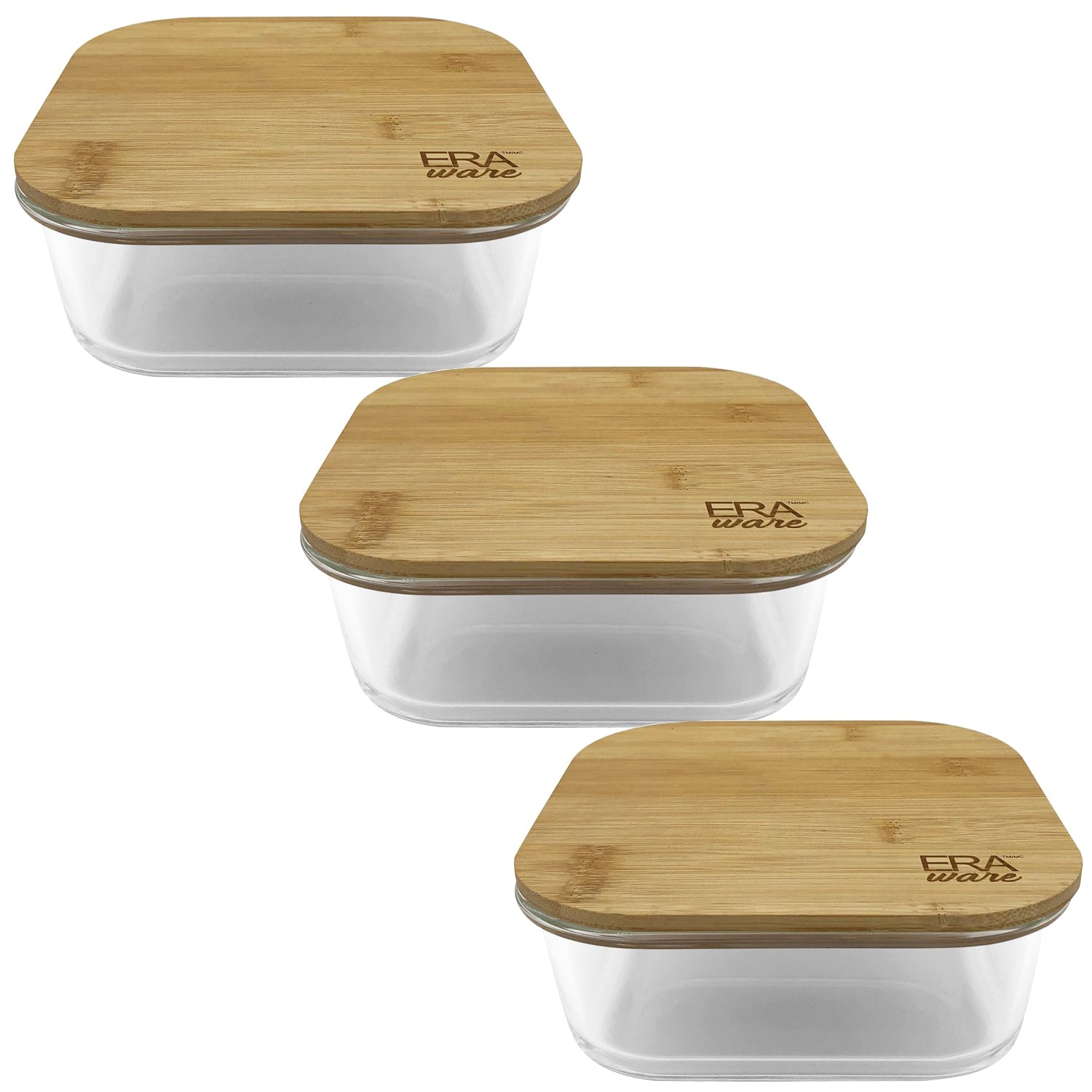 EraWare - Ensemble de 3 contenant en verre borosilicaté, couvercle en bambou, va au four, 800&nbsp;ml