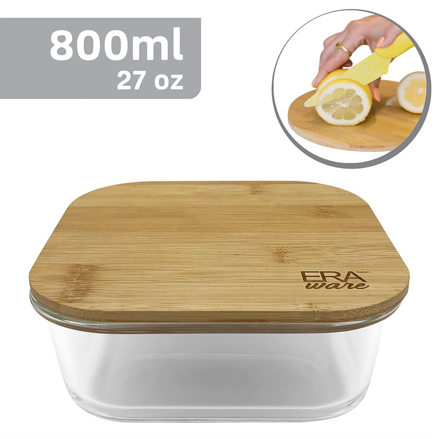 EraWare - Ensemble de 3 contenant en verre borosilicaté, couvercle en bambou, va au four, 800&nbsp;ml