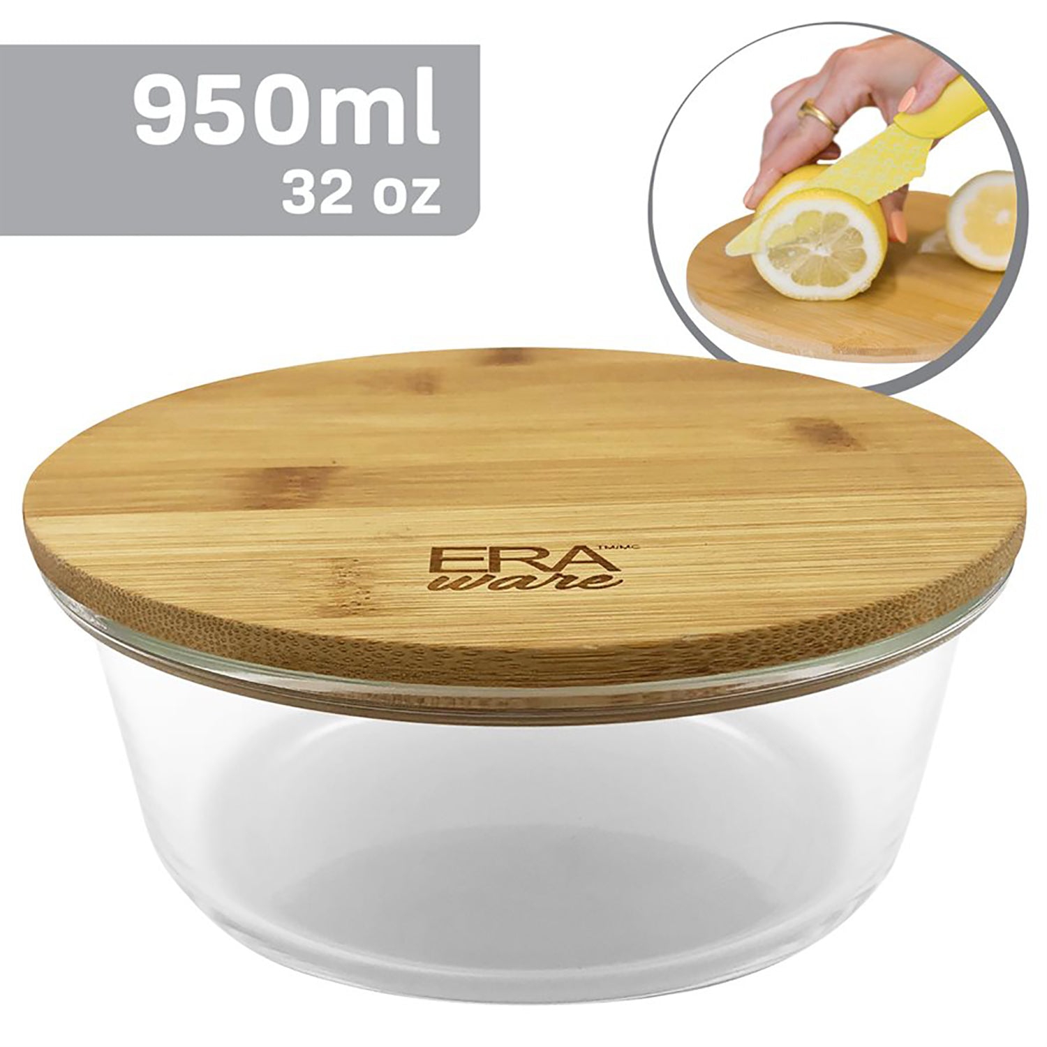 EraWare - Set of 2 Borosilicate Glass Container, Bamboo Lid, Oven Safe, 950ml