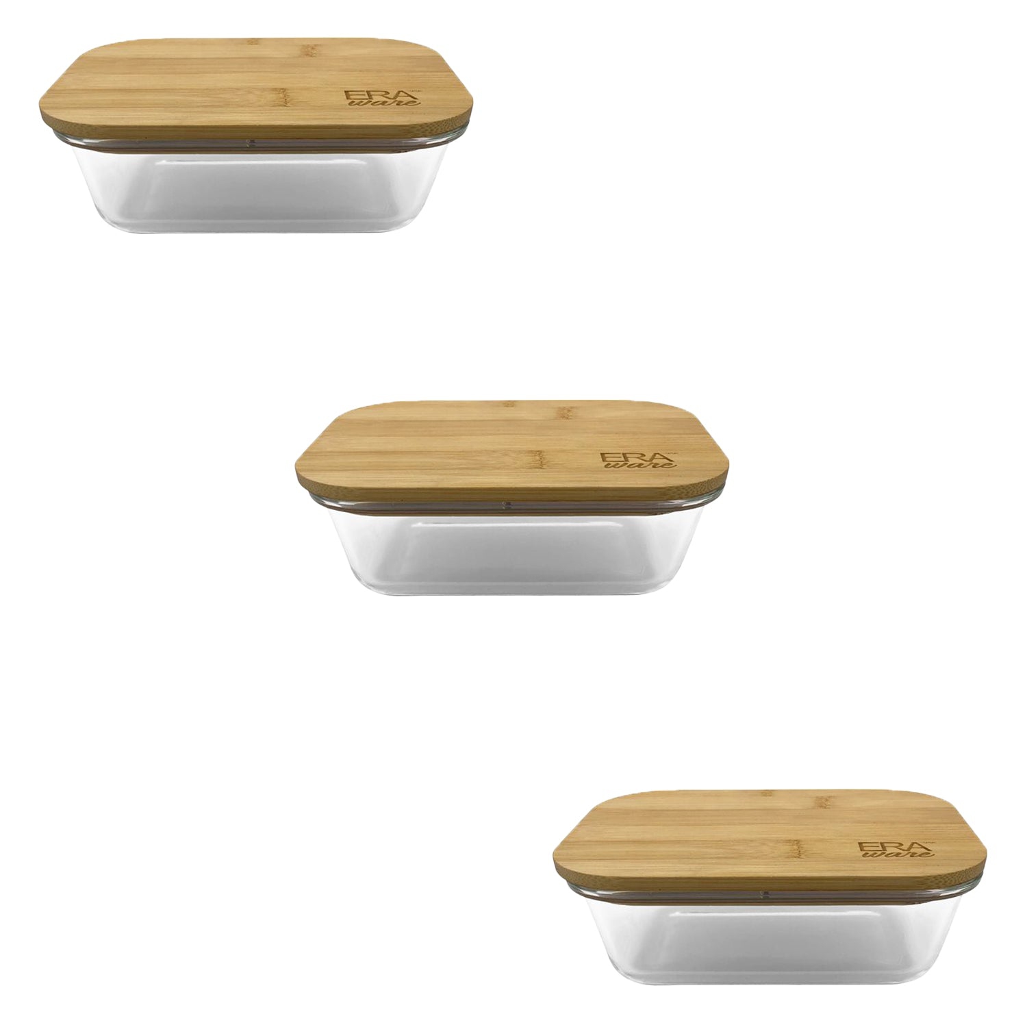 EraWare - Set of 3 Borosilicate Glass Container, Bamboo Lid, Oven Safe, 370ml