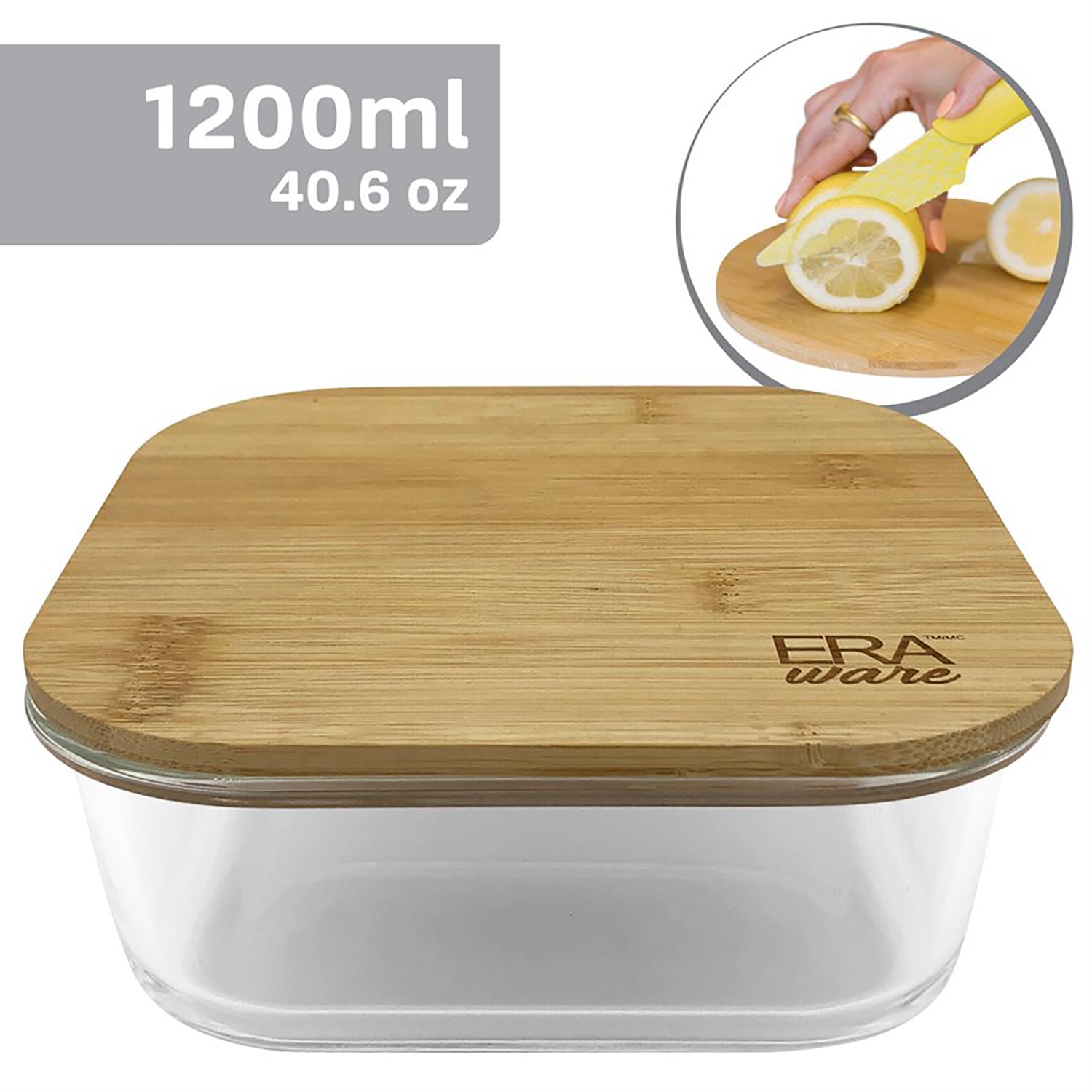 EraWare - Set of 2 Borosilicate Glass Container, Bamboo Lid, Oven Safe, 1200ml