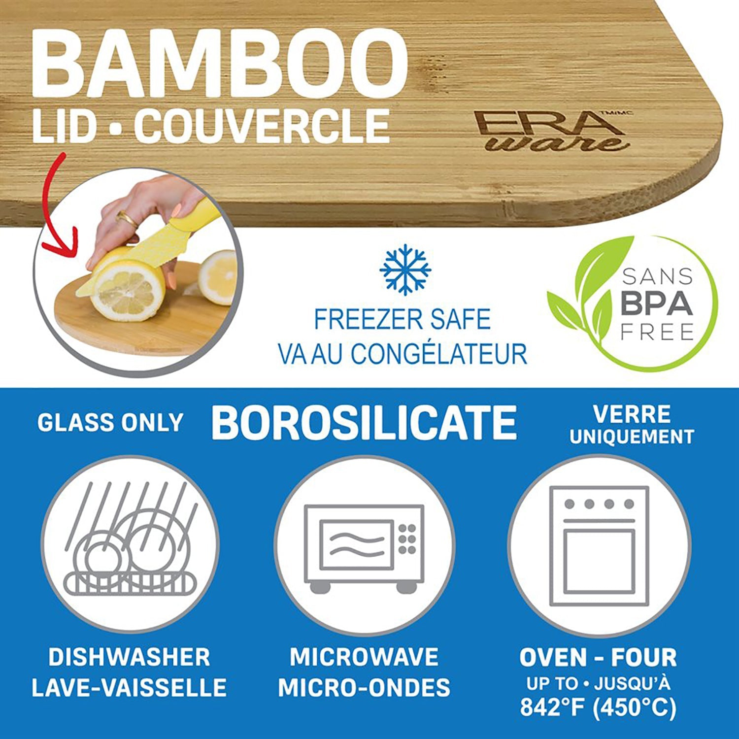 EraWare - Set of 3 Borosilicate Glass Container, Bamboo Lid, Oven Safe, 620ml