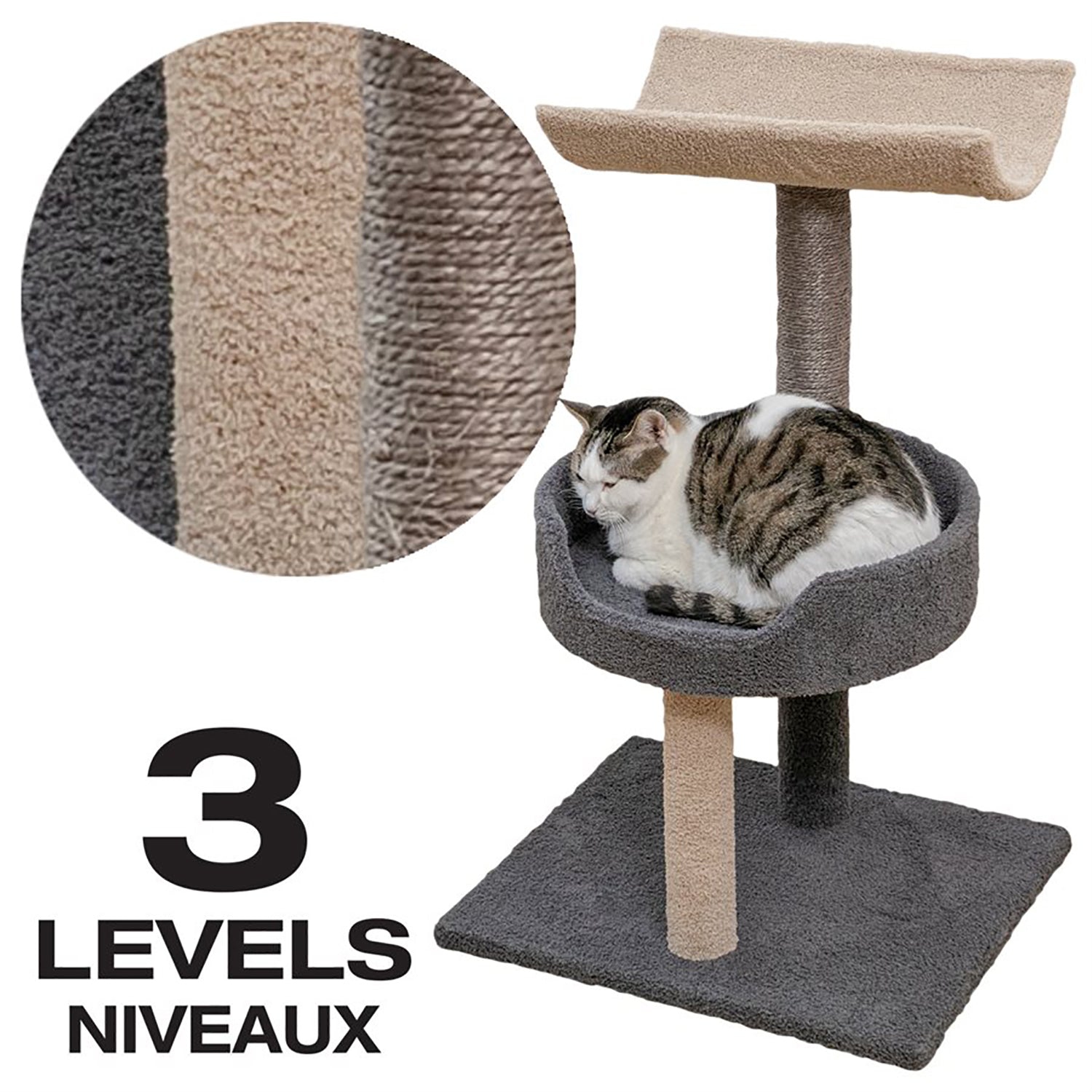 Animooos - 3-Tier Carpeted Cat Tree, 30" Height, Gray and Beige