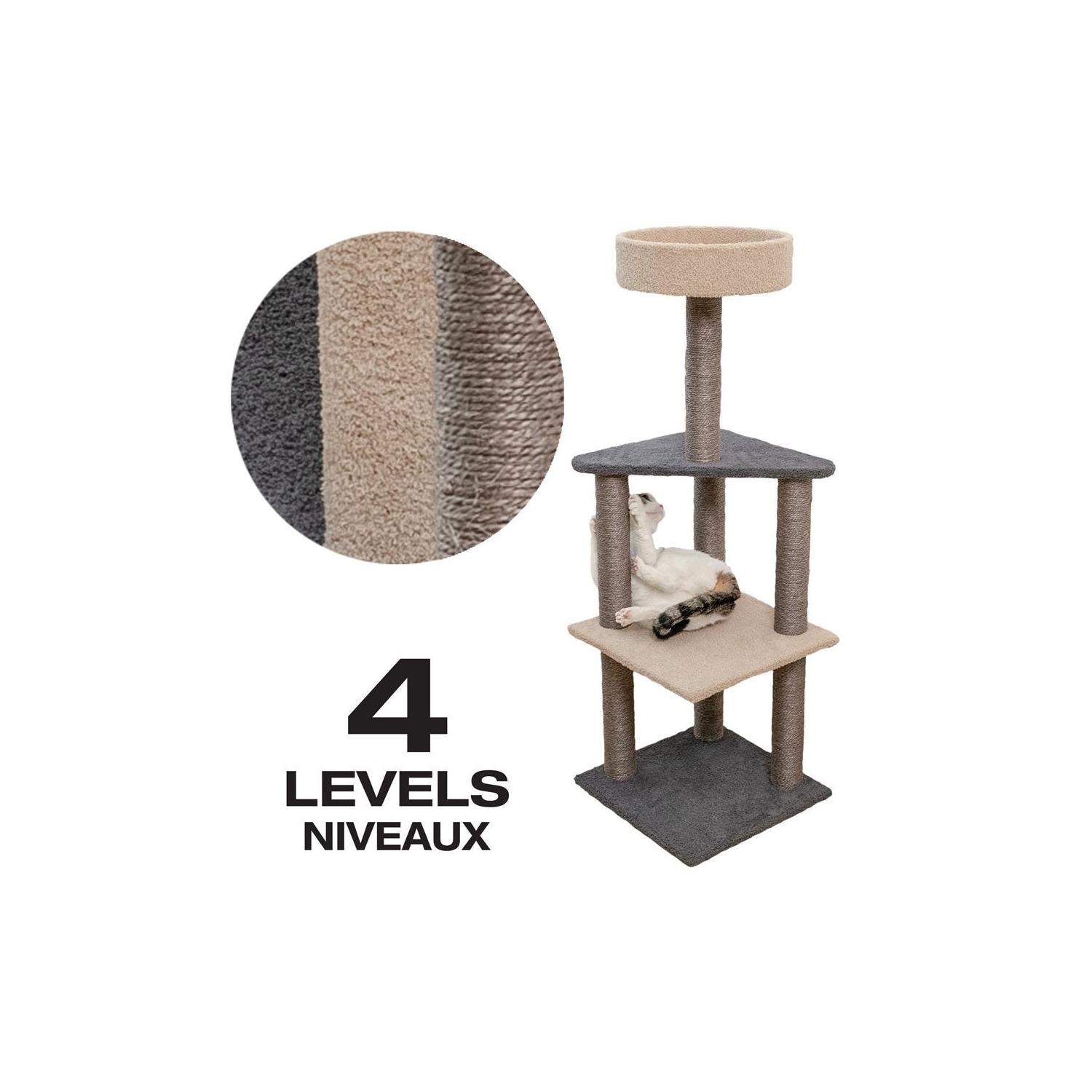 Animooos - 4-Tier Carpeted Cat Tree, 46" Height, Gray and Beige
