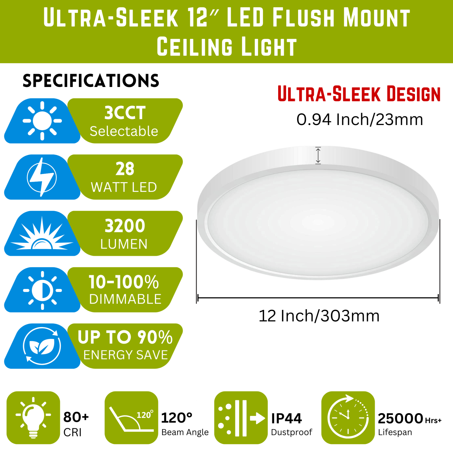 LED 12 Inch Flush Mount Ceiling Light, Dimmable Ceiling Lights Fixture, 28W 3200LM, Low Profile Round Surface Mount Light, 3CCT Selectable, ETL