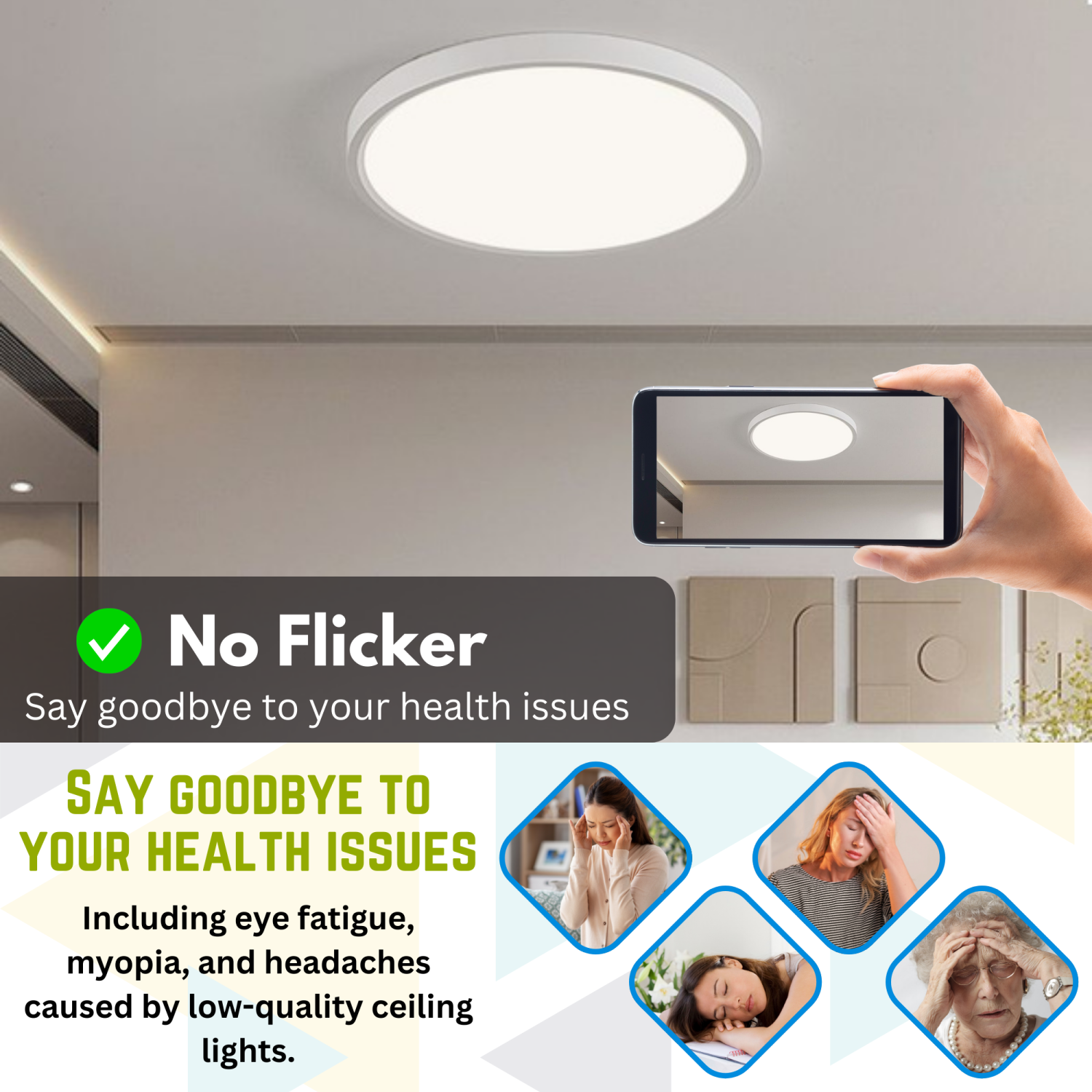 LED 12 Inch Flush Mount Ceiling Light, Dimmable Ceiling Lights Fixture, 28W 3200LM, Low Profile Round Surface Mount Light, 3CCT Selectable, ETL