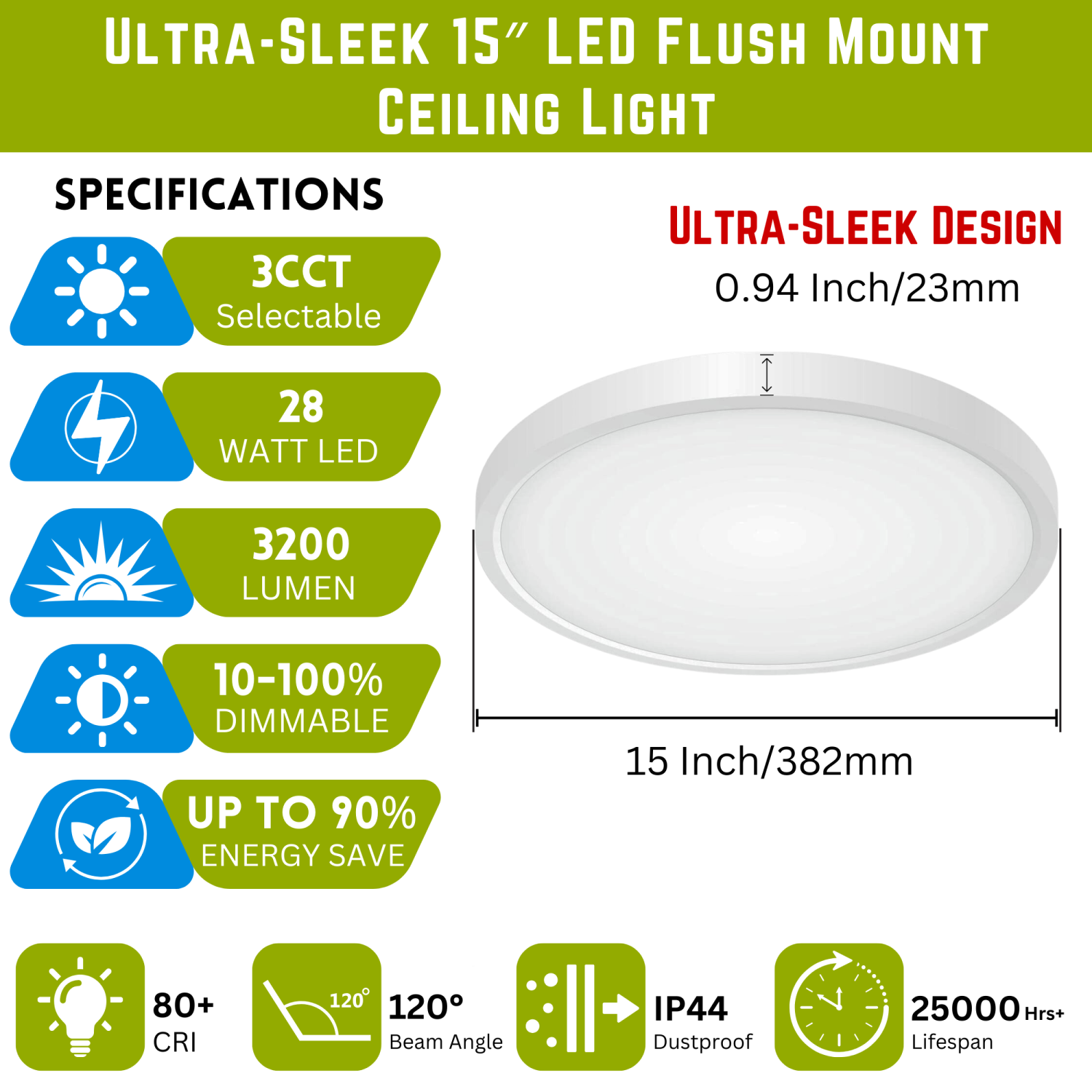LED 15 Inch Flush Mount Ceiling Light, Dimmable Ceiling Lights Fixture, 28W 3200LM, Low Profile Round Surface Mount Light, 3CCT Selectable, ETL