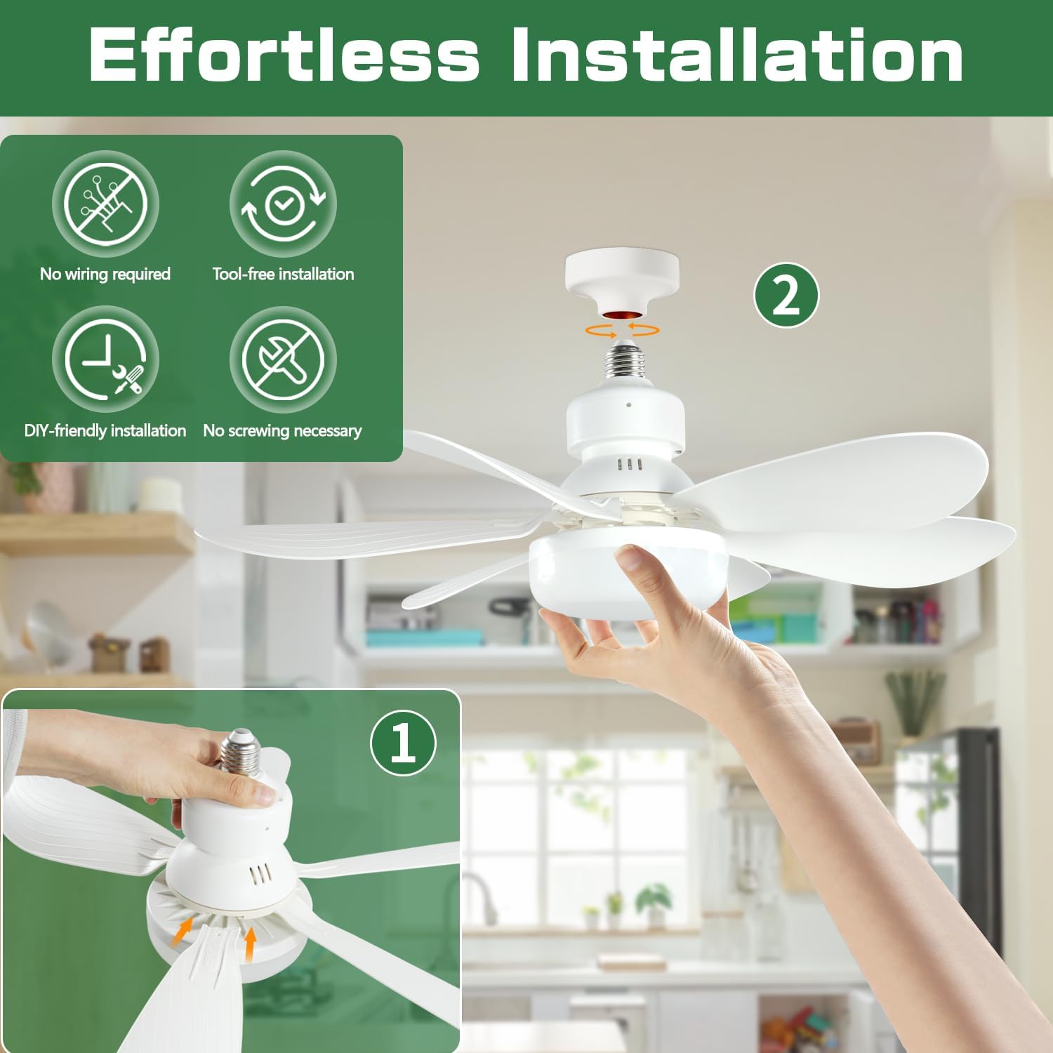 Socket Screw-in Ceiling Fan with Light and Remote - 20.5" 3-Speed Fan, Dimmable LED, E26 Base - Ideal for Kitchen, Bedroom, and Small Spaces