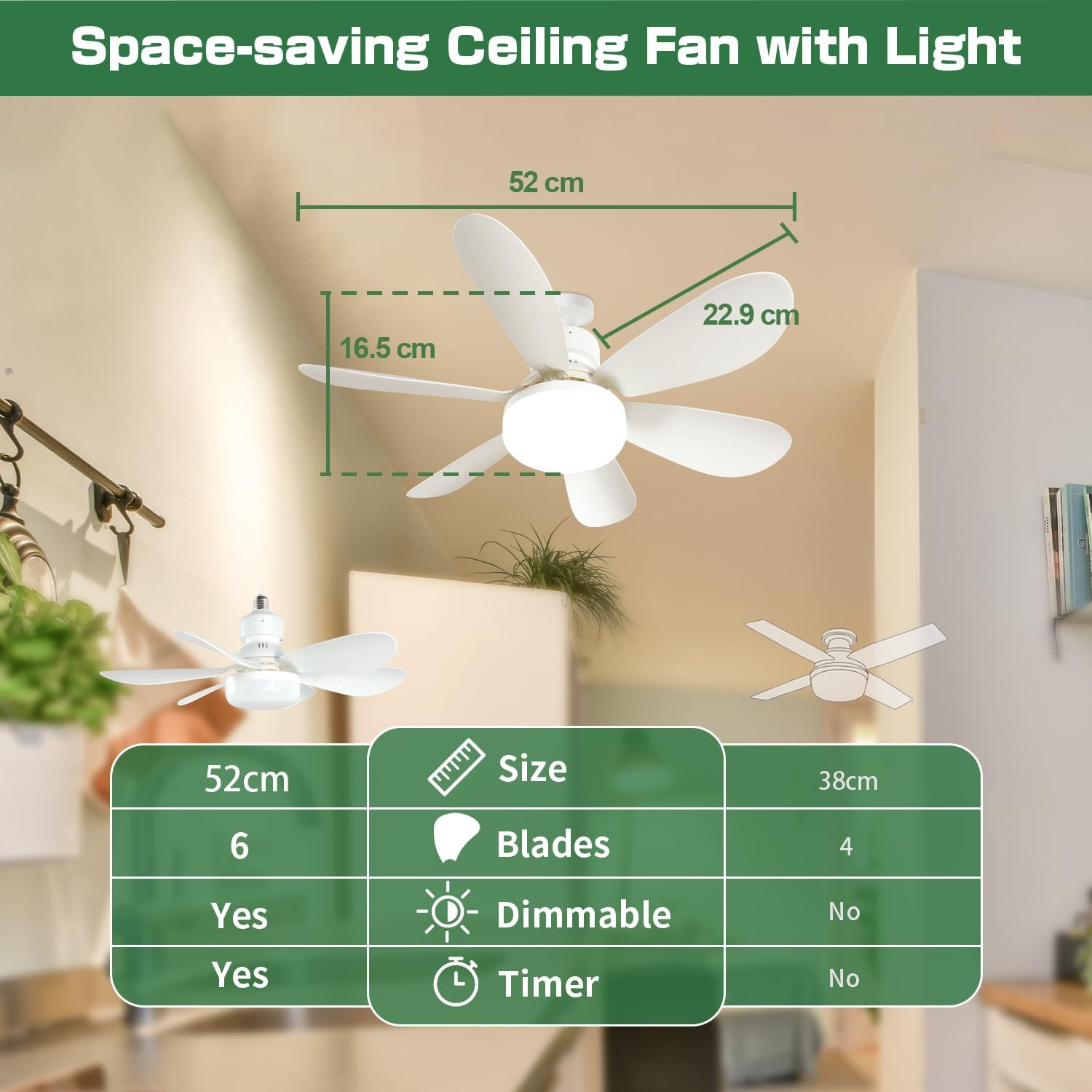 Socket Screw-in Ceiling Fan with Light and Remote - 20.5" 3-Speed Fan, Dimmable LED, E26 Base - Ideal for Kitchen, Bedroom, and Small Spaces