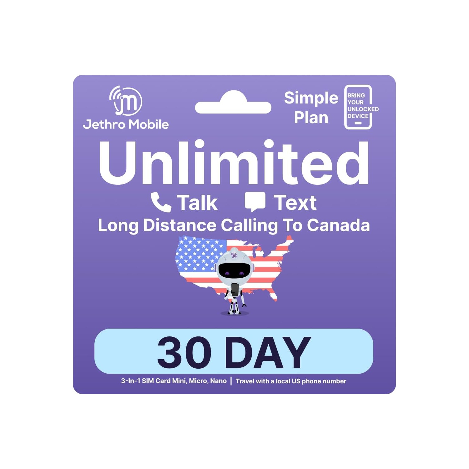 Jethro Mobile Prepaid USA Travel SIM card, Unlimited Talk and Text in the US and to Canada, No Contract, 1 Month