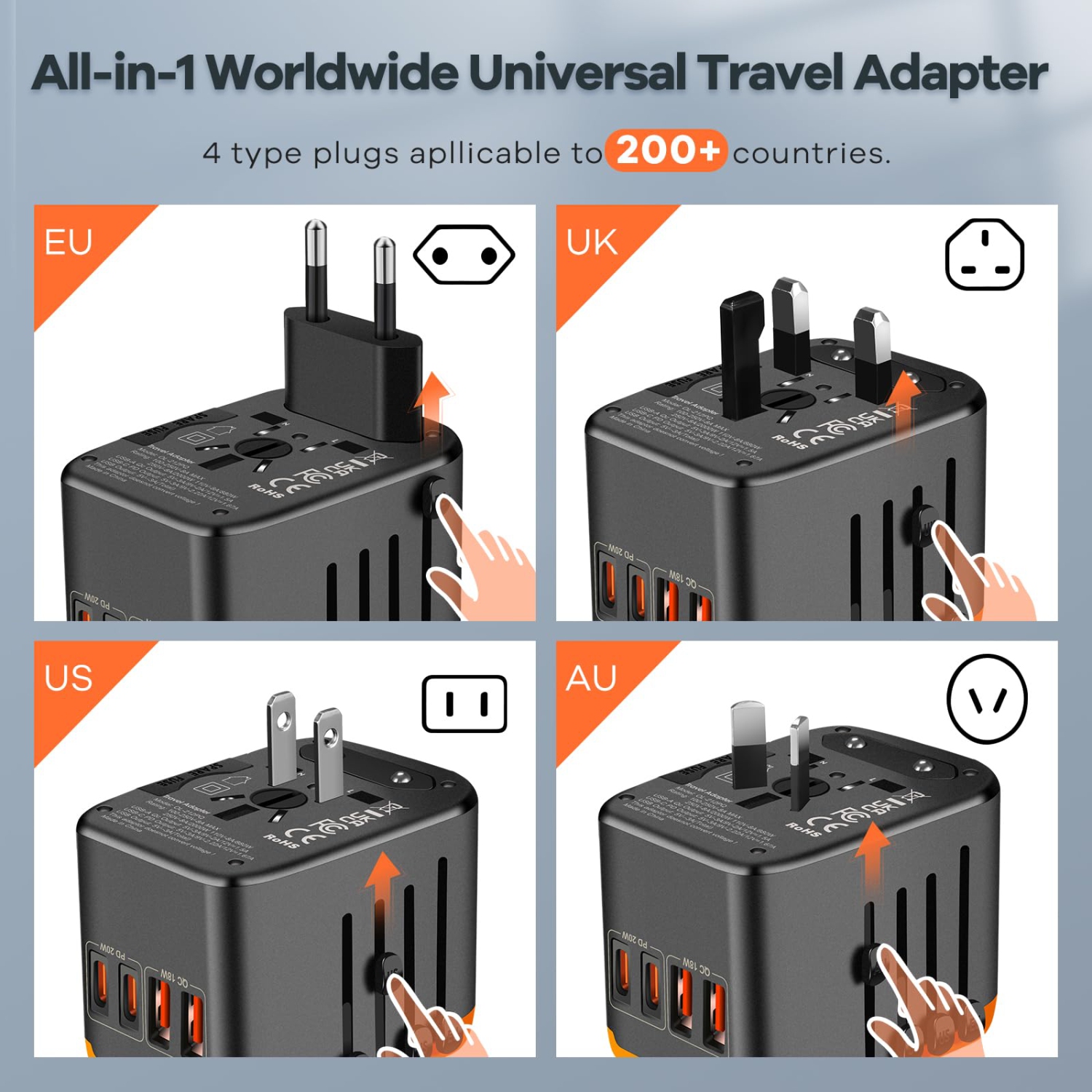 Universal Travel Adapter with 2 USB-C & 2 USB-A Ports, International Plug Charger for 200+ Countries, All-in-One for US EU UK AU Asia, for iPhone,