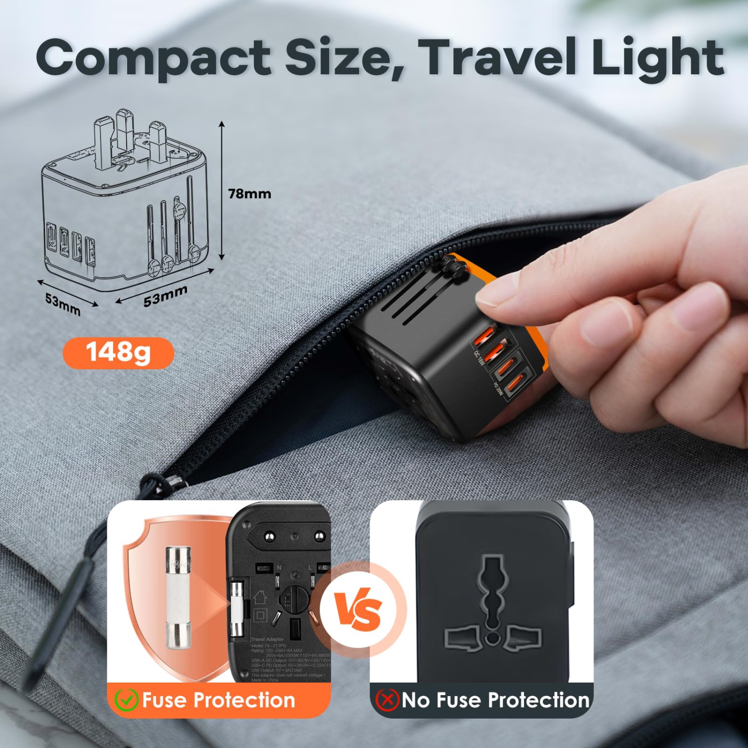 Universal Travel Adapter with 2 USB-C & 2 USB-A Ports, International Plug Charger for 200+ Countries, All-in-One for US EU UK AU Asia, for iPhone,