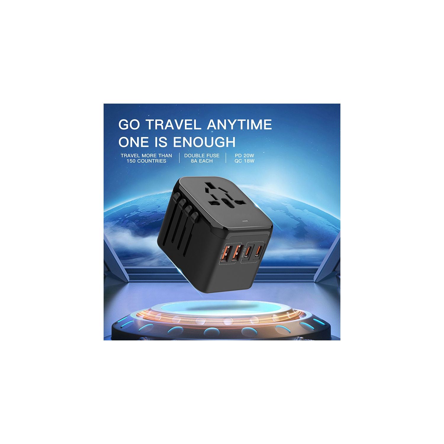 Universal Travel Adapter with 2 USB-C & 2 USB-A Ports, International Plug Charger for 200+ Countries, All-in-One for US EU UK AU Asia, for iPhone,