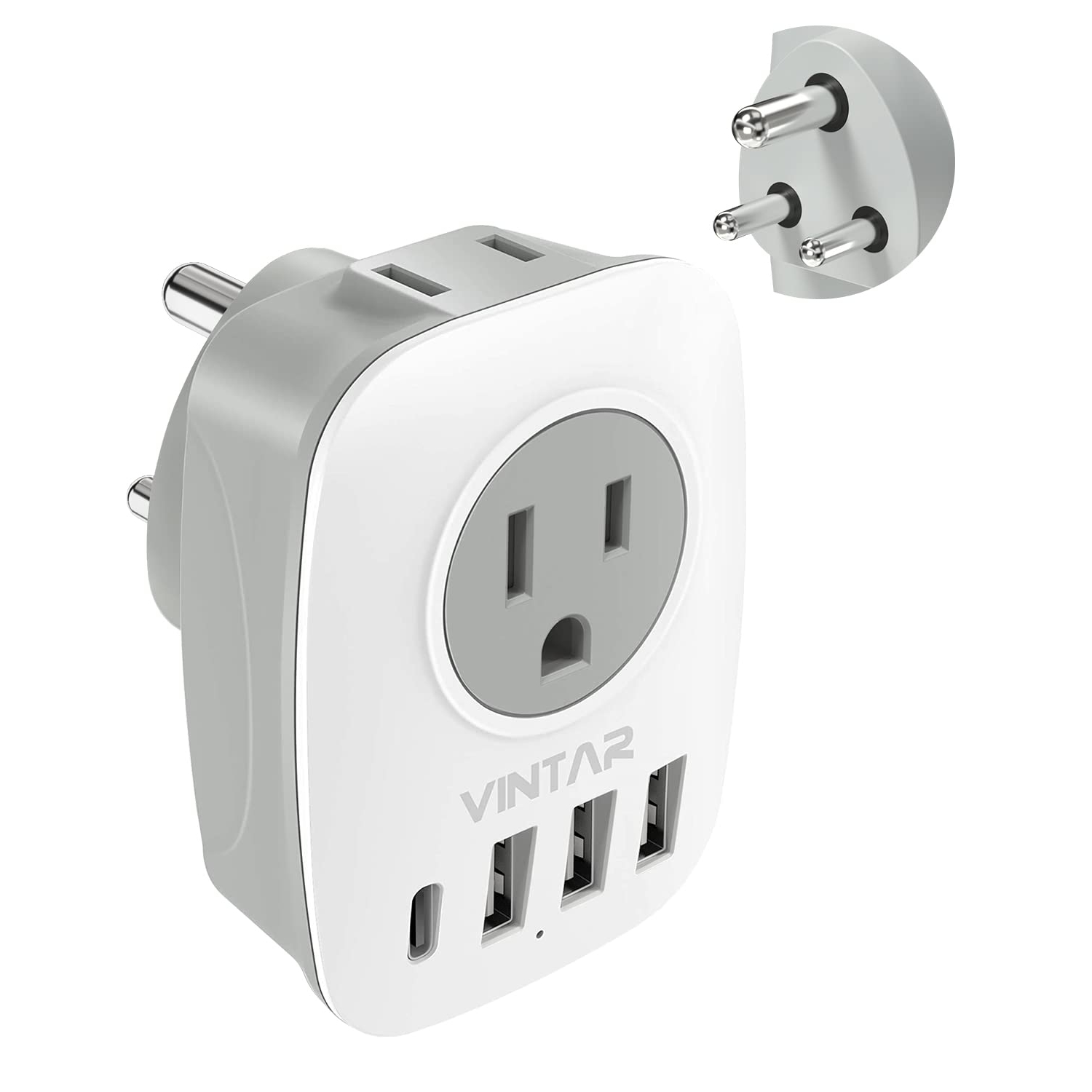 Canada to India Plug Adapter,VINTAR India Travel Plug Adapter with 1 USB C,2 American Outlets and 3 USB Ports,6 in 1 Power Adapter for USA to India,Bangladesh,Maldives,Pakistan