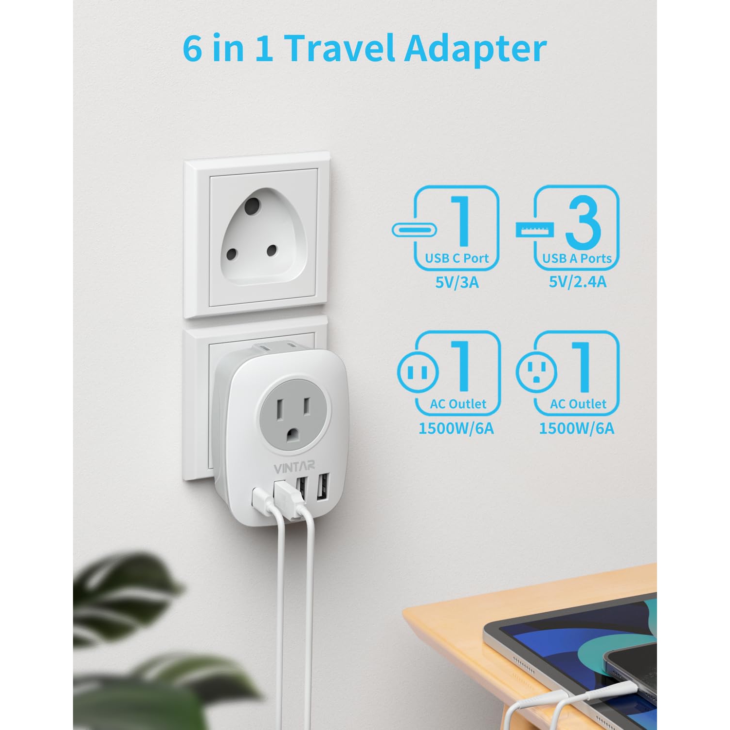 Canada to India Plug Adapter,VINTAR India Travel Plug Adapter with 1 USB C,2 American Outlets and 3 USB Ports,6 in 1 Power Adapter for USA to