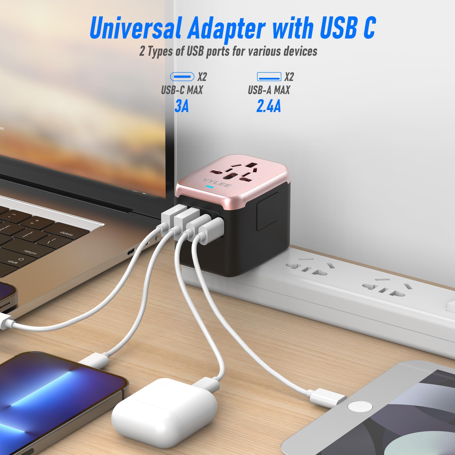 Universal International Power Travel Plug Adapter, 5 in 1 European Travel Plug Adapter W/ 3.5A 2xUSB-A and 2xUSB C Wall Charger and Worldwide AC