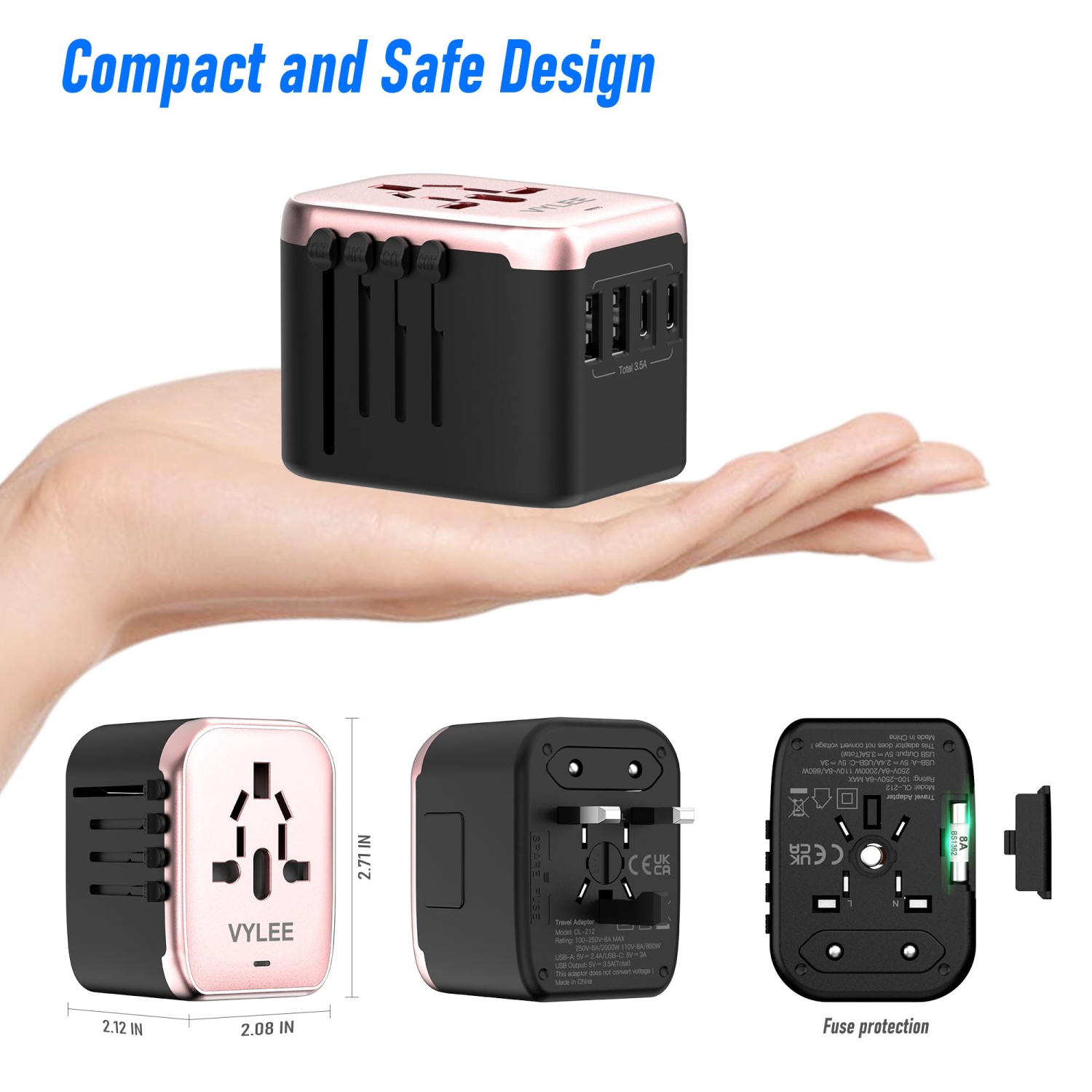 Universal International Power Travel Plug Adapter, 5 in 1 European Travel Plug Adapter W/ 3.5A 2xUSB-A and 2xUSB C Wall Charger and Worldwide AC