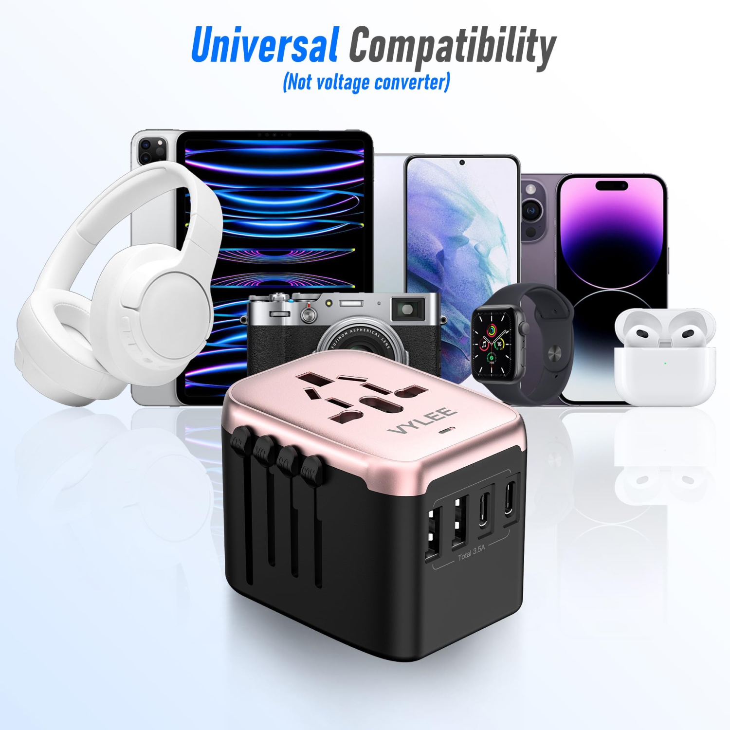 Universal International Power Travel Plug Adapter, 5 in 1 European Travel Plug Adapter W/ 3.5A 2xUSB-A and 2xUSB C Wall Charger and Worldwide AC